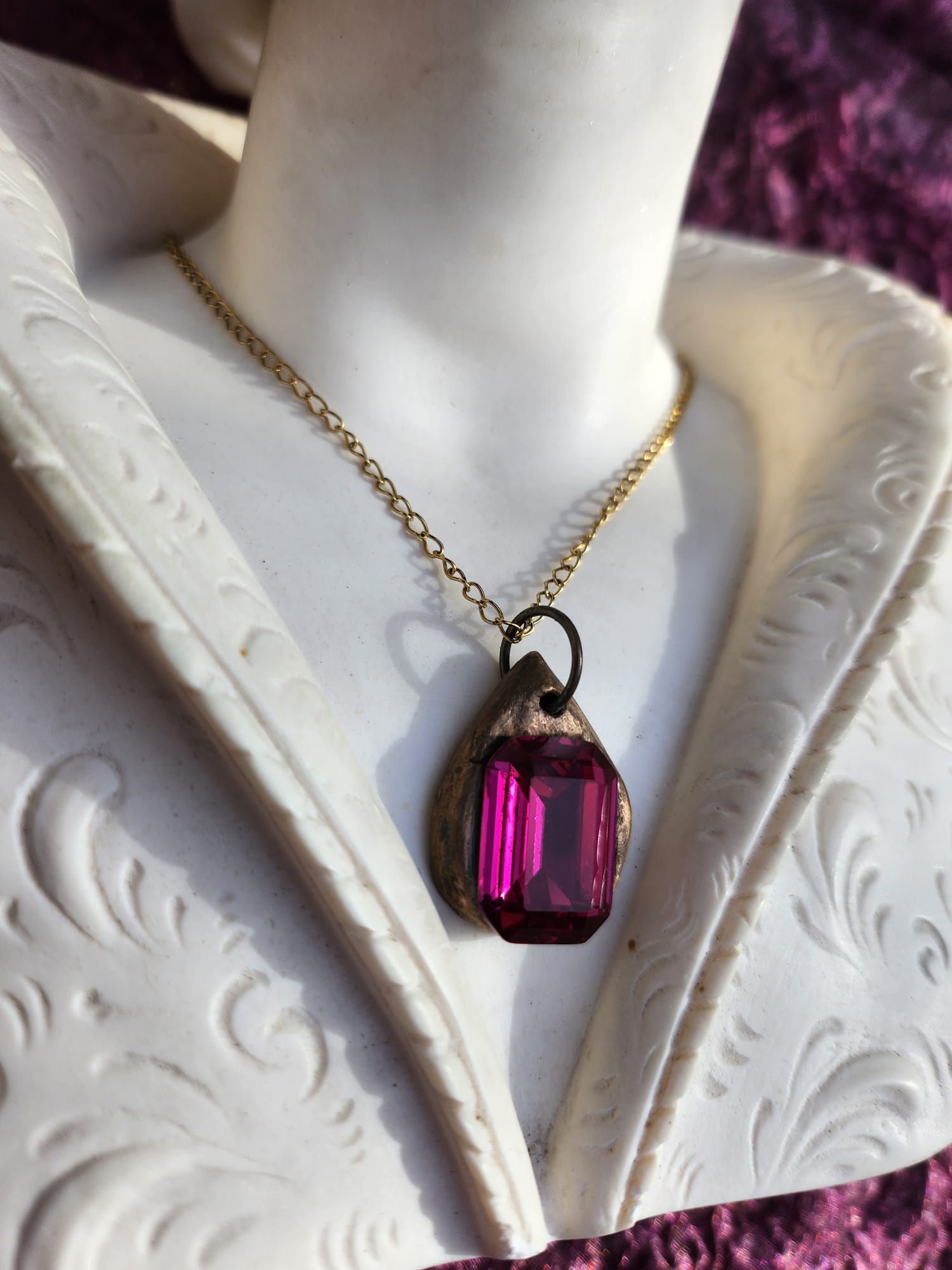 Fuchsia Pink Crystal Pendant – Handmade Bronze Vintage Necklace for Bold & Feminine Style