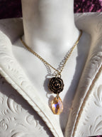 Handmade Bronze Rose Necklace with Salmon Peach Crystal – Romantic Boho Vintage Pendant