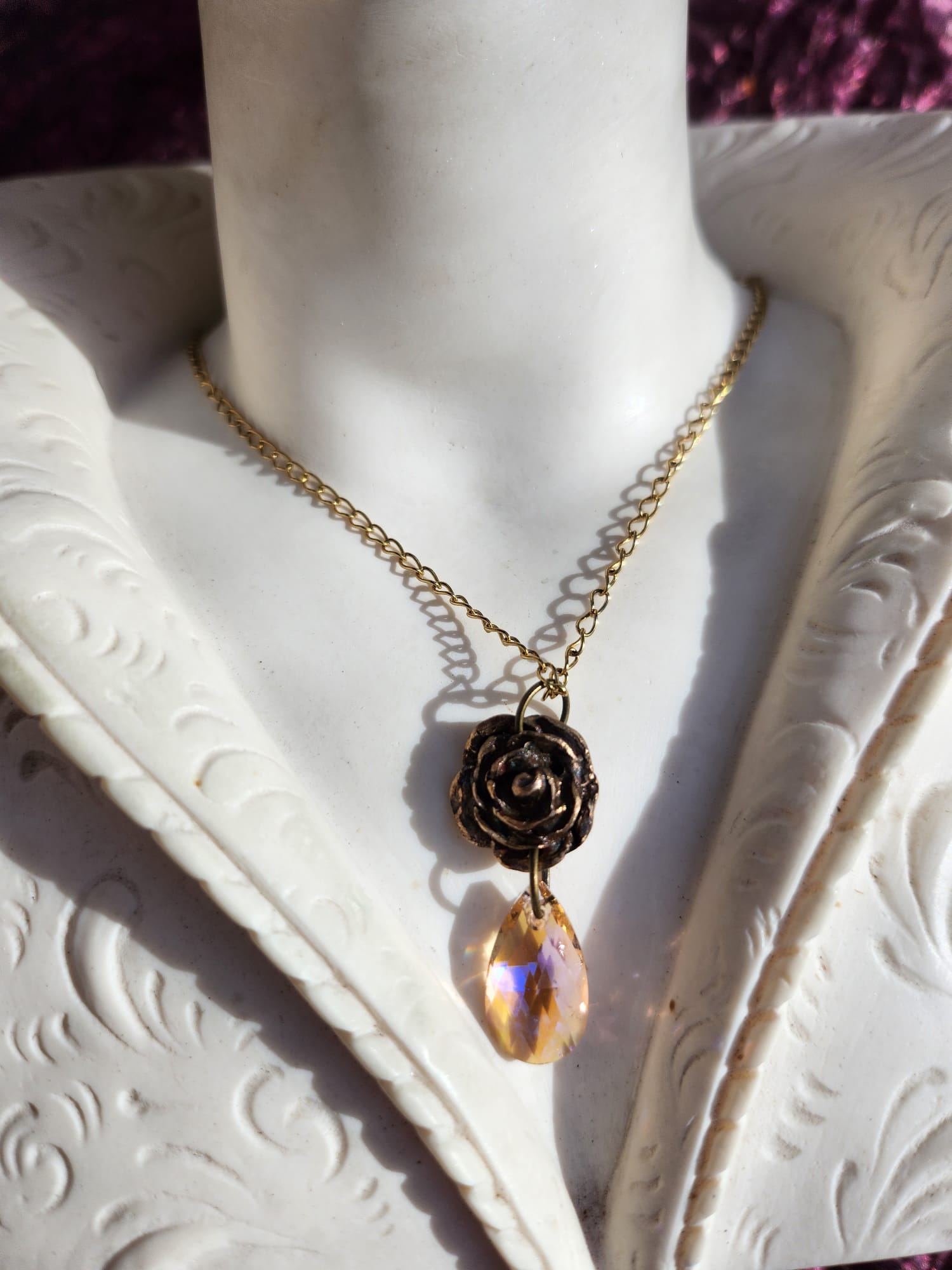 Handmade Bronze Rose Necklace with Salmon Peach Crystal – Romantic Boho Vintage Pendant