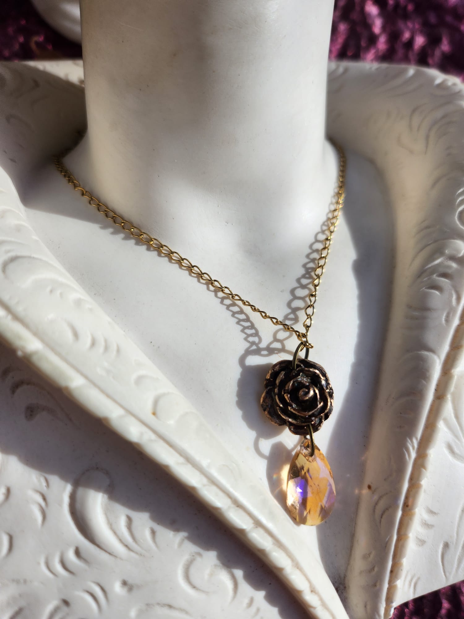 Handmade Bronze Rose Necklace with Salmon Peach Crystal – Romantic Boho Vintage Pendant