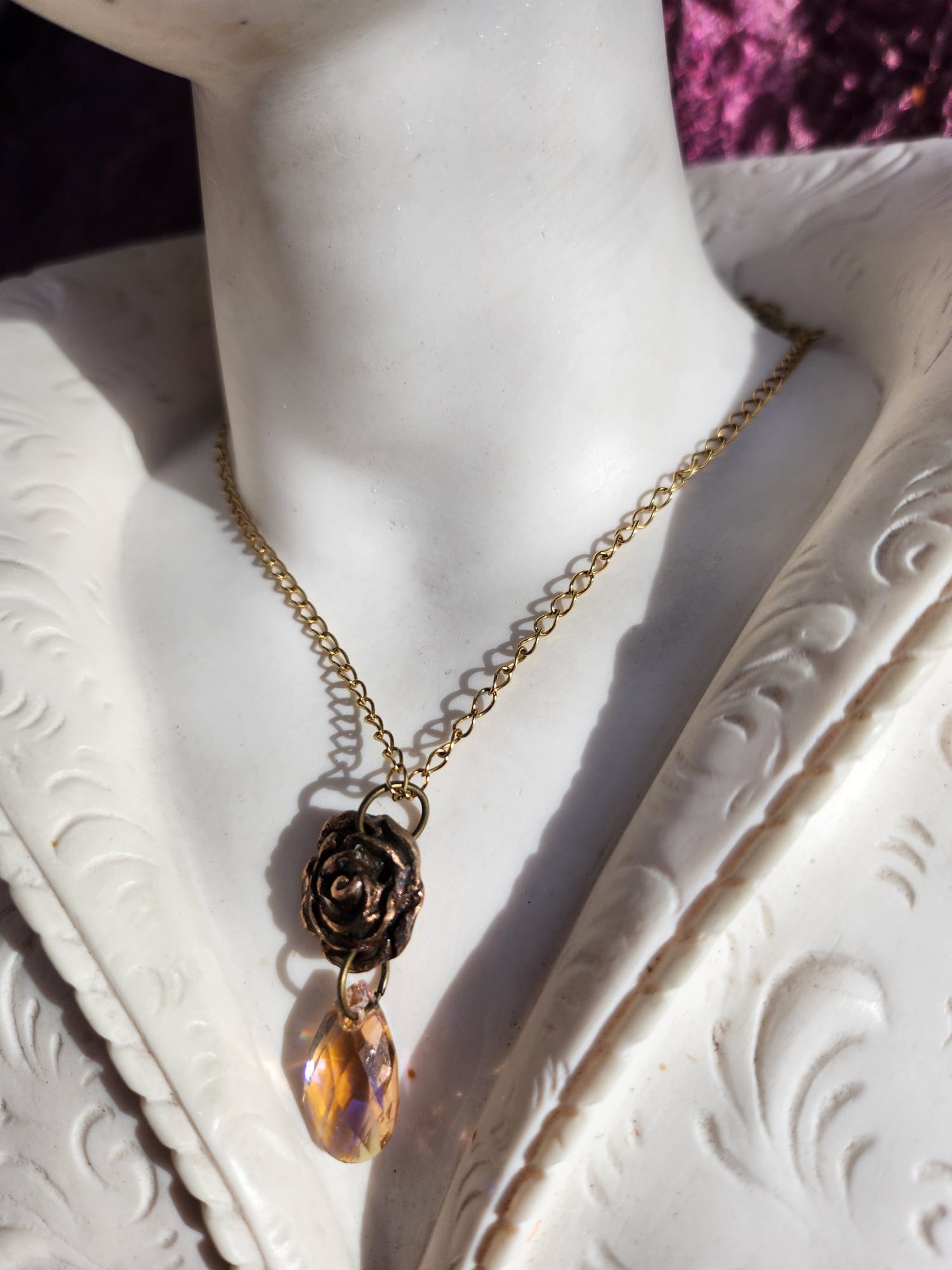 Handmade Bronze Rose Necklace with Salmon Peach Crystal – Romantic Boho Vintage Pendant