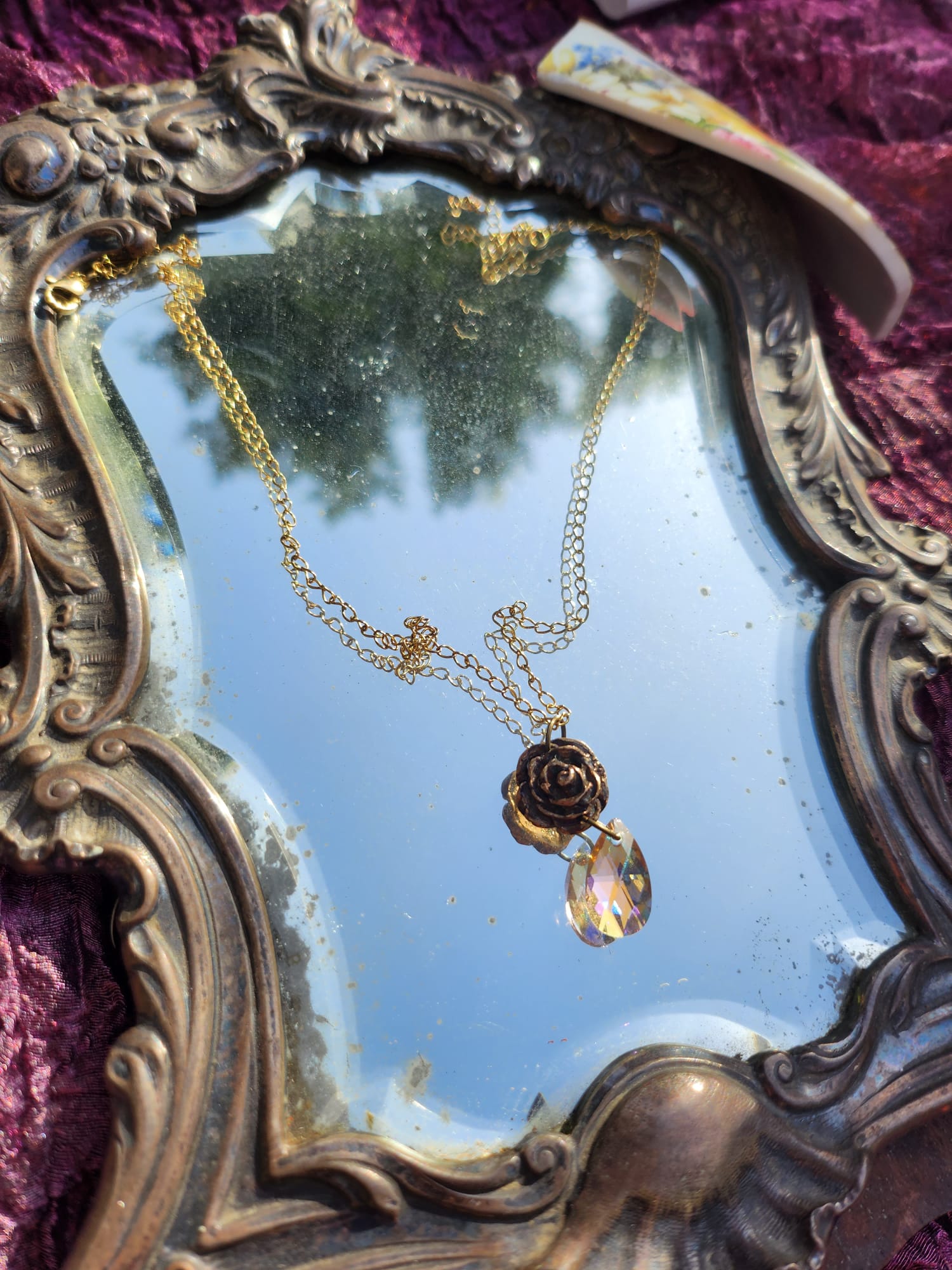 Handmade Bronze Rose Necklace with Salmon Peach Crystal – Romantic Boho Vintage Pendant