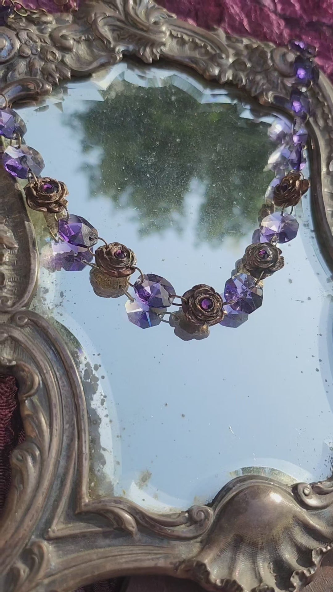 Handmade Bronze Necklace with Purple Crystals & Floral Accents – One-of-a-Kind Vintage-Inspired Jewelry