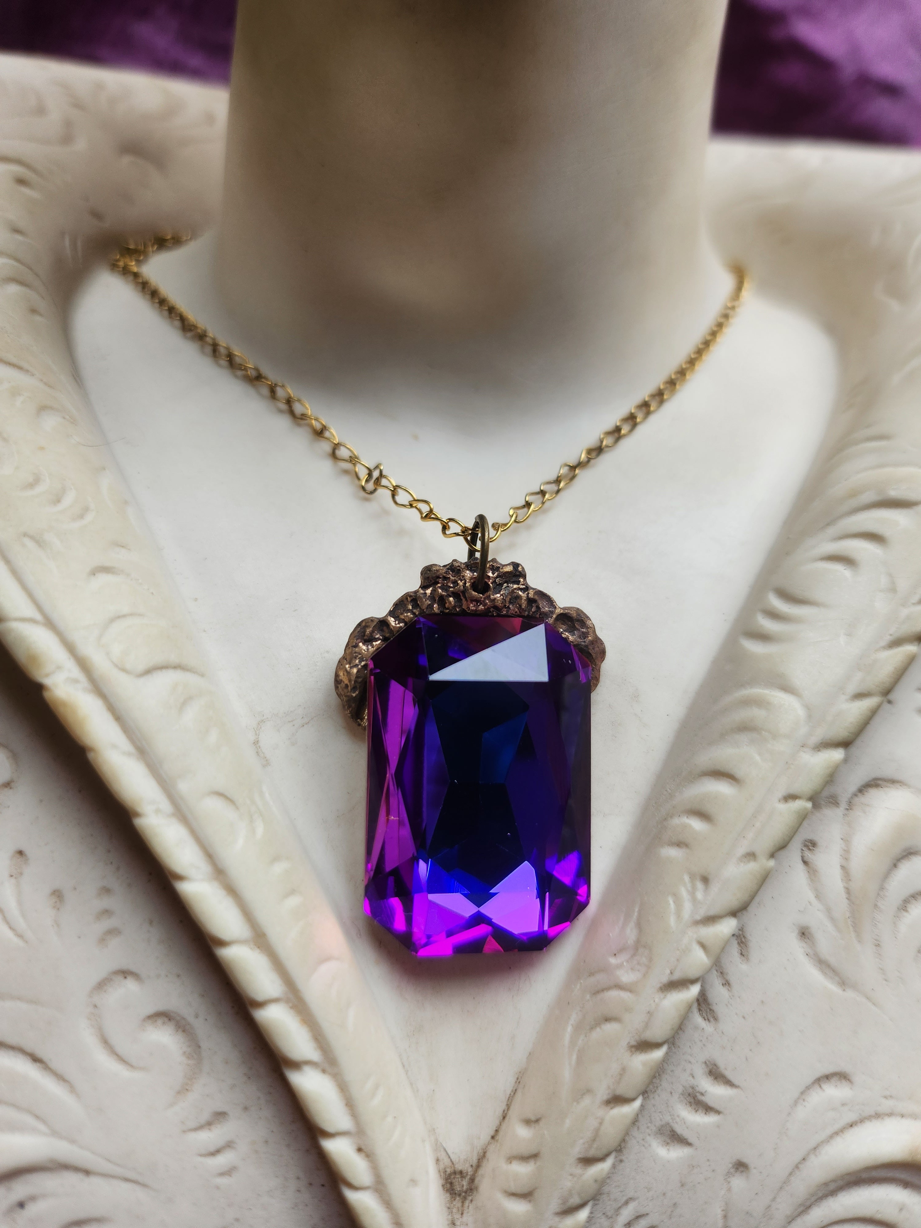 Mystic Baroque Collection - Handmade Bronze Pendant with Electric Purple Octagon Crystal