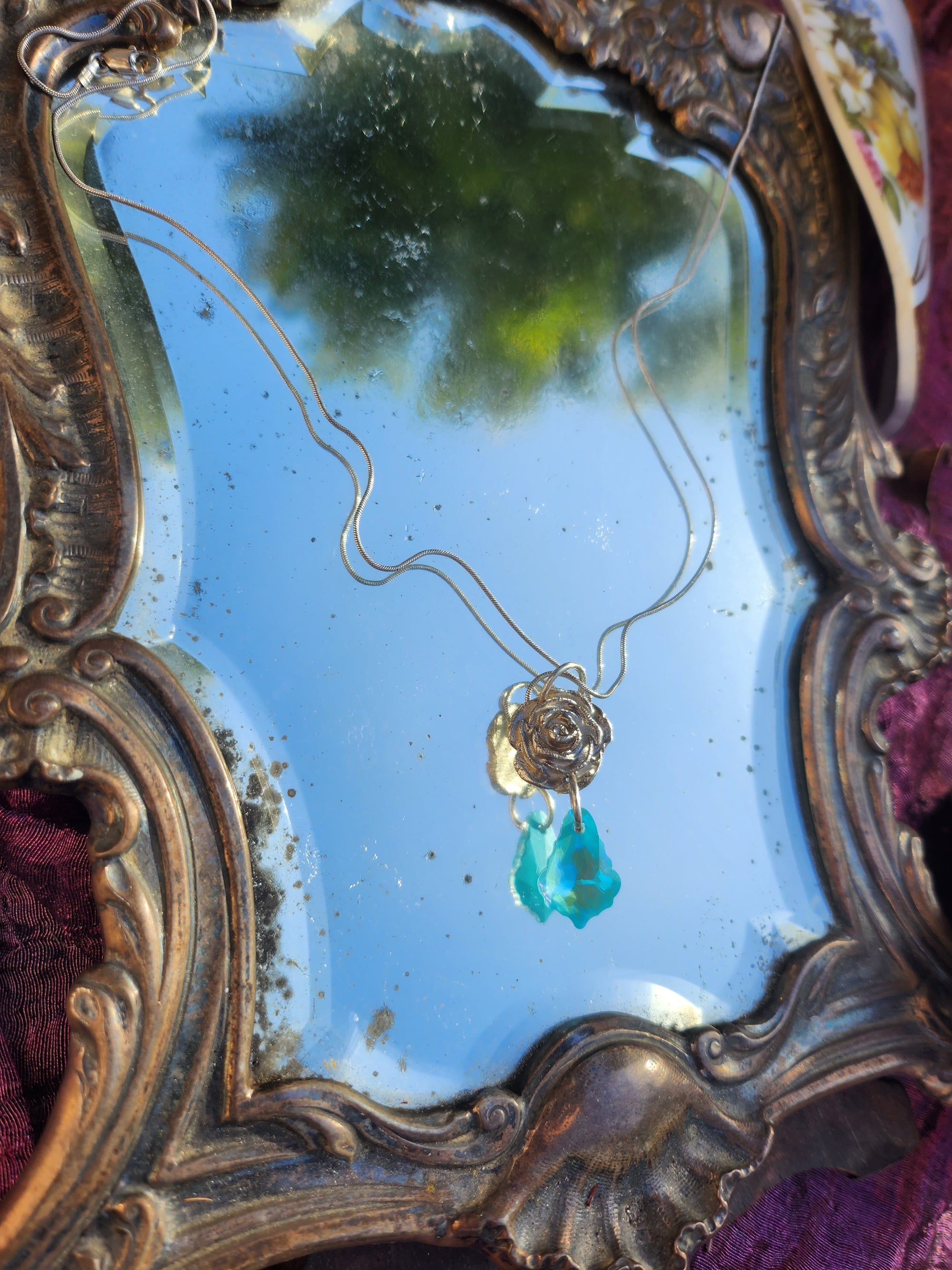 Silver Rose & Blue Crystal Pendant – Fine Silver Necklace – Fairycore Romantic Jewelry – Enchanted Floral Gift for Her