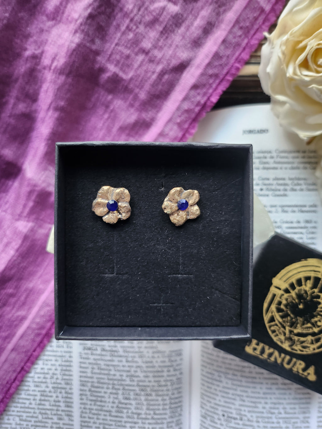 Eternal Bloom Collection – Handmade Bronze Flower Earrings with Royal Blue Crystal