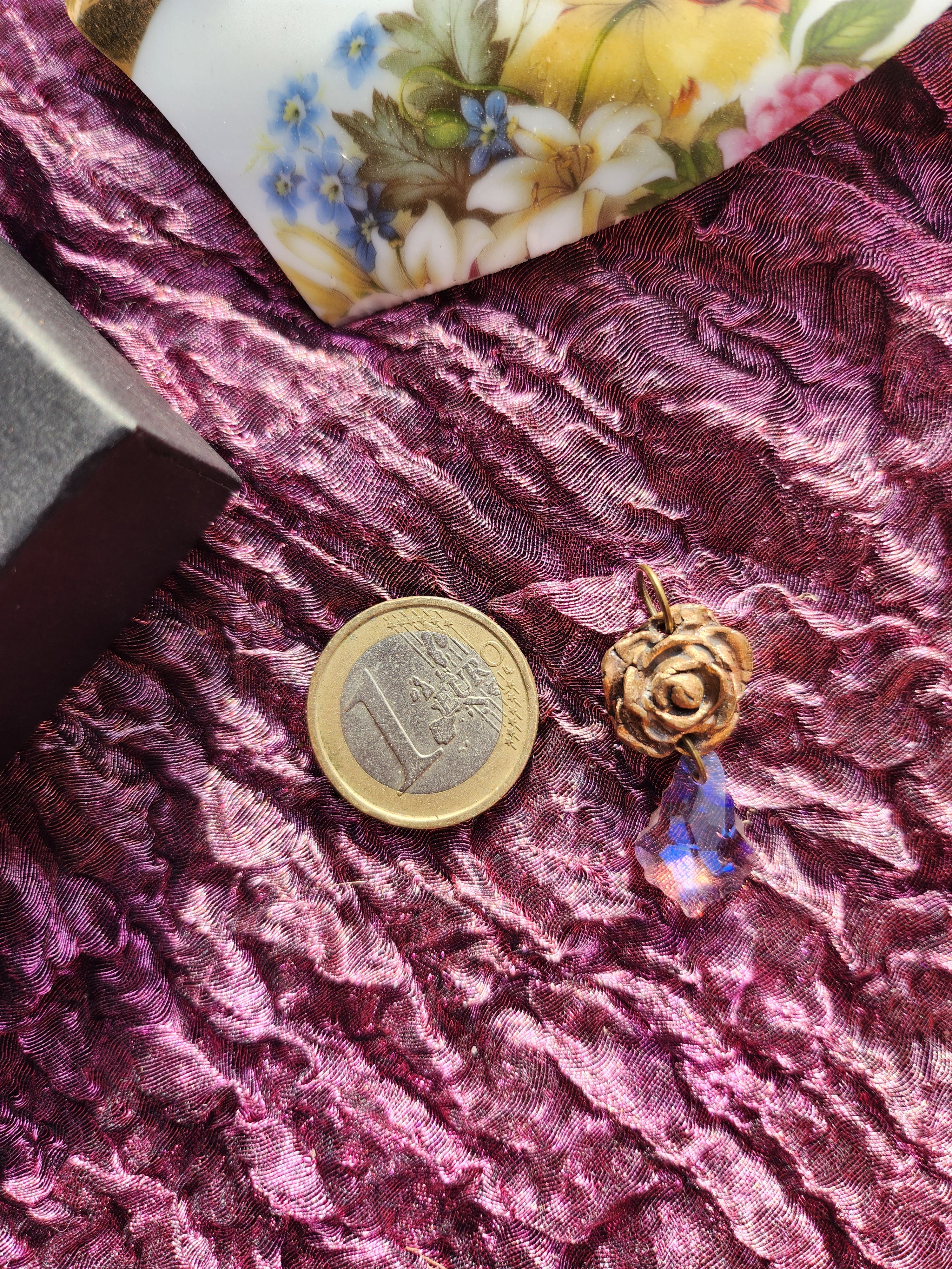Rosarium Collection - Handmade Bronze Rose Pendant with Pink Crystal