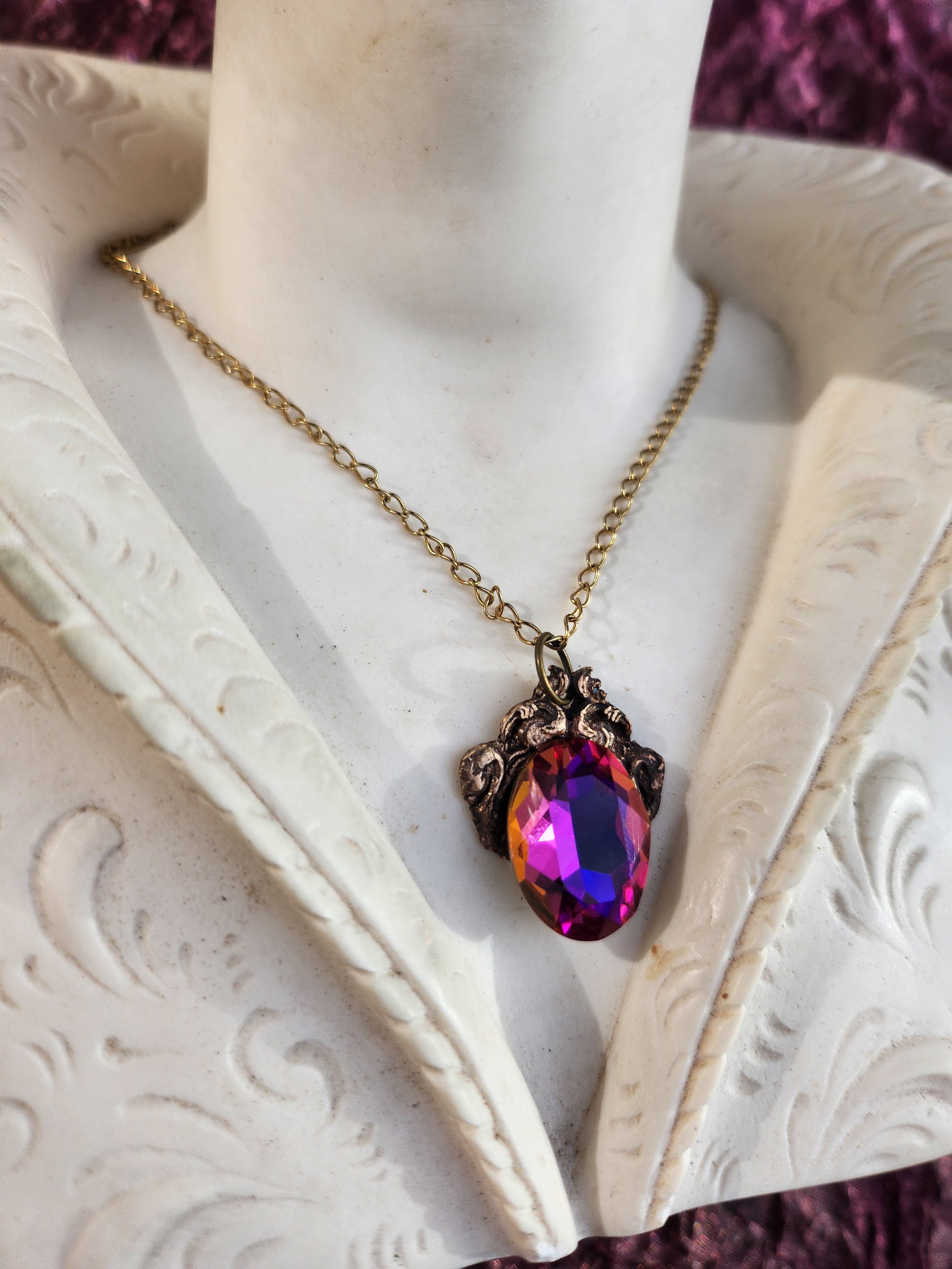 Handcrafted Bronze Pendant with Purple, Fuchsia and Amber Crystal – Medieval Vintage Jewelry