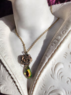 Handmade Bronze Rose Pendant with Green-Pink Crystal – Vintage Boho Jewelry for Women