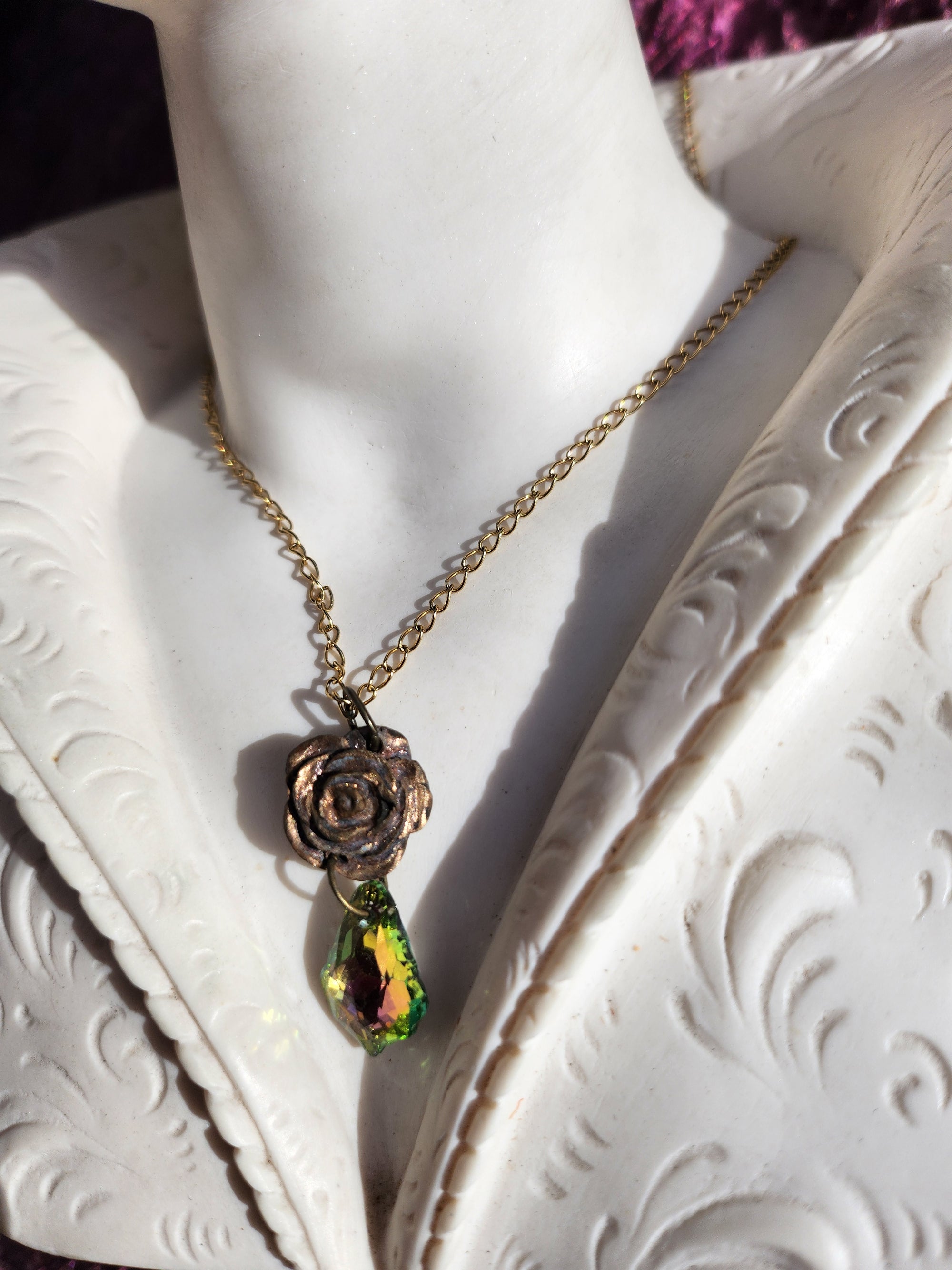 Handmade Bronze Rose Pendant with Green-Pink Crystal – Vintage Boho Jewelry for Women
