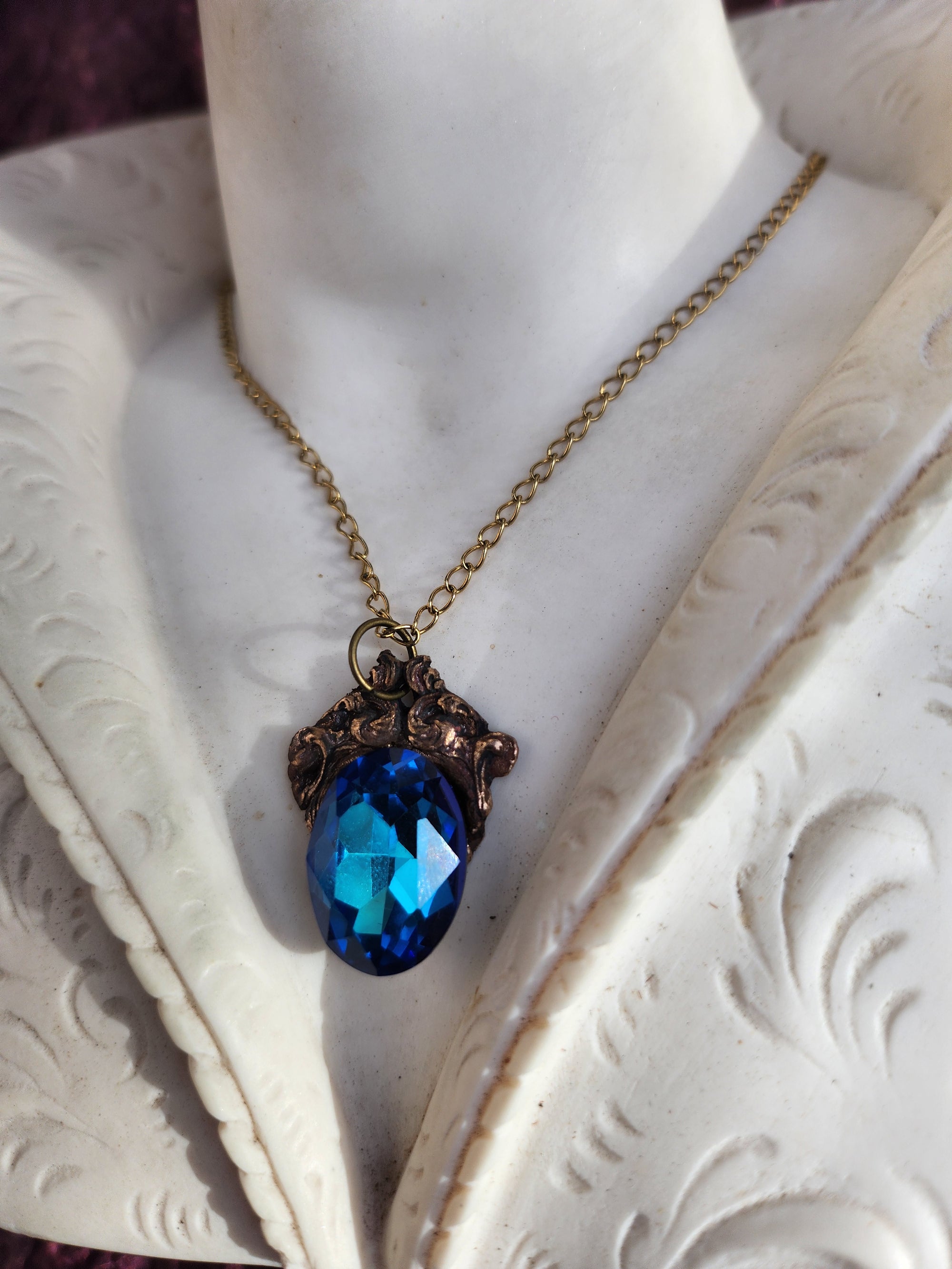 Handcrafted Bronze Pendant with Blue Crystal – Medieval Fantasy Jewelry