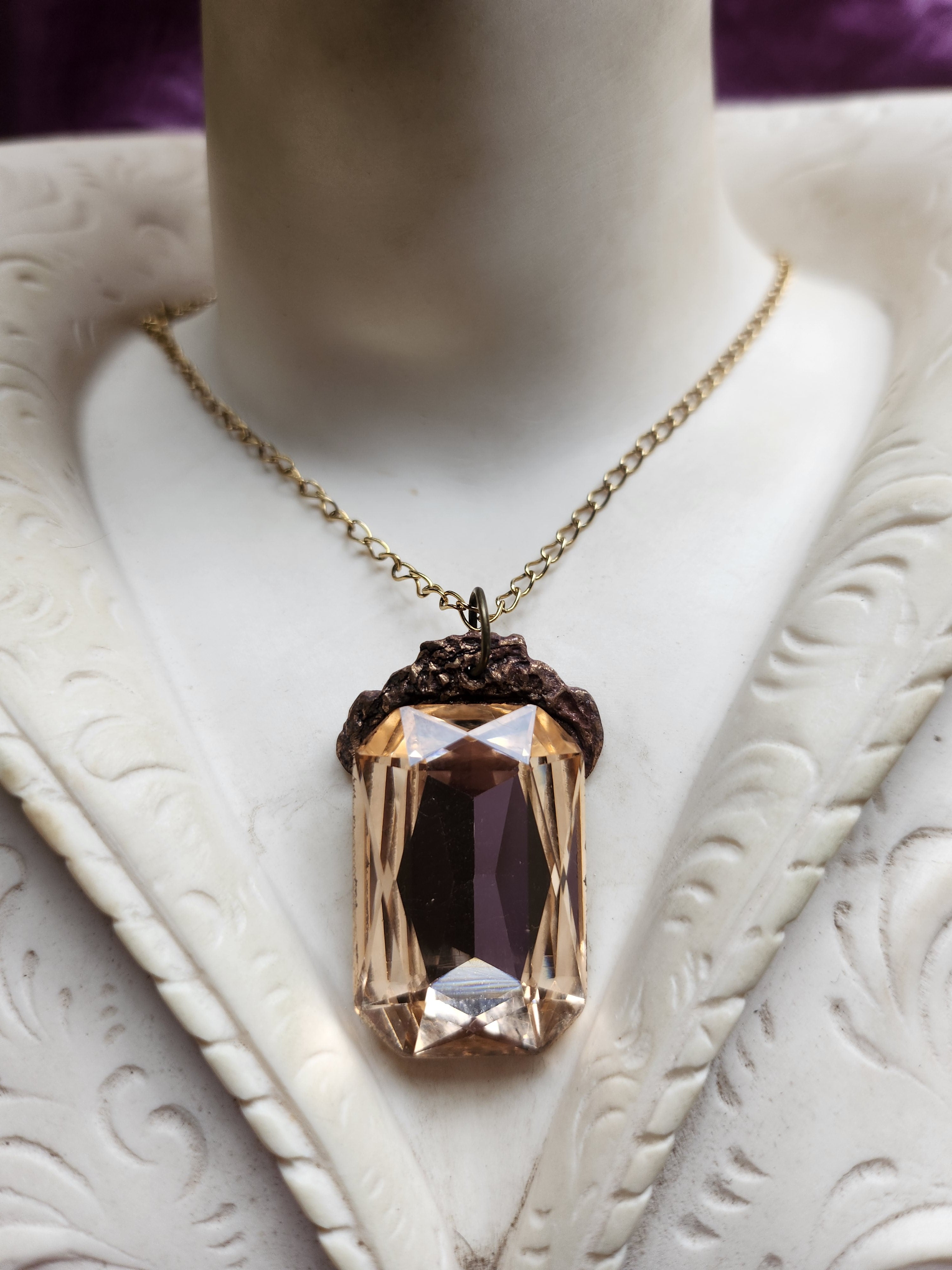 Mystic Baroque Collection - Handmade Bronze Pendant with Champagne Octagon Crystal