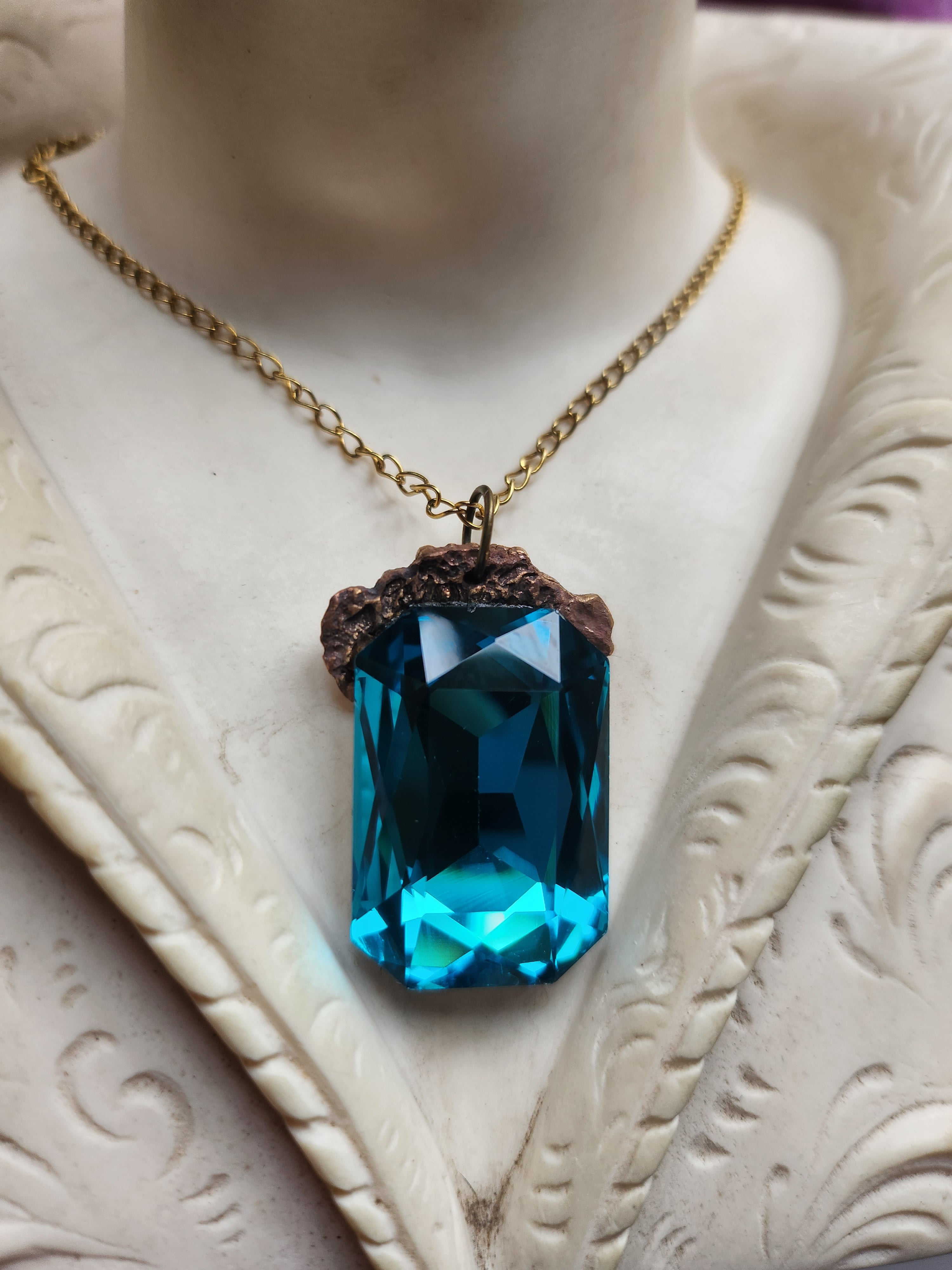 Mystic Baroque Collection - Handmade Bronze Pendant with Electric Blue Octagon Crystal