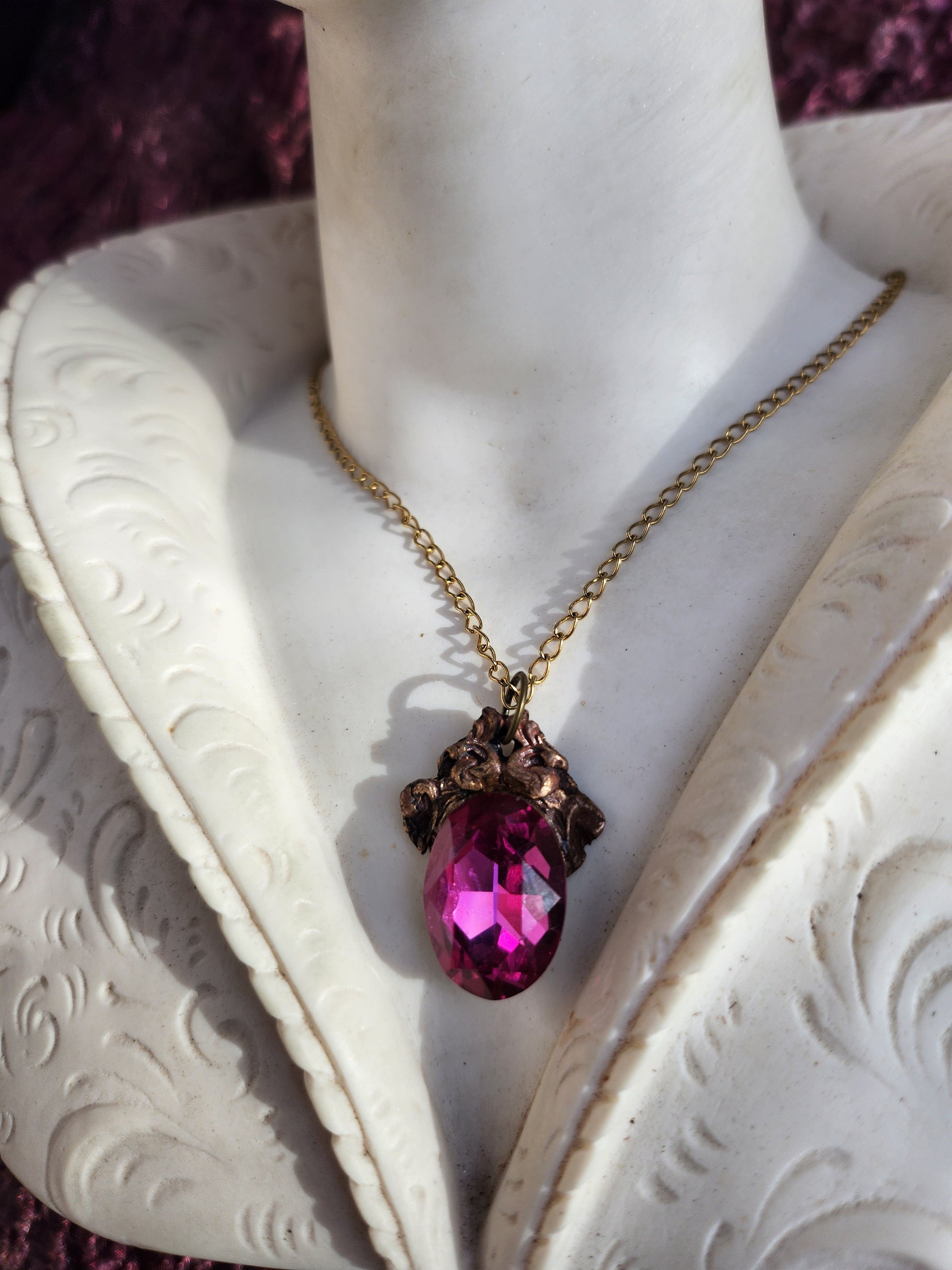 Handcrafted Bronze Pendant with Fuchsia Crystal – Unique Gothic Statement Jewelry