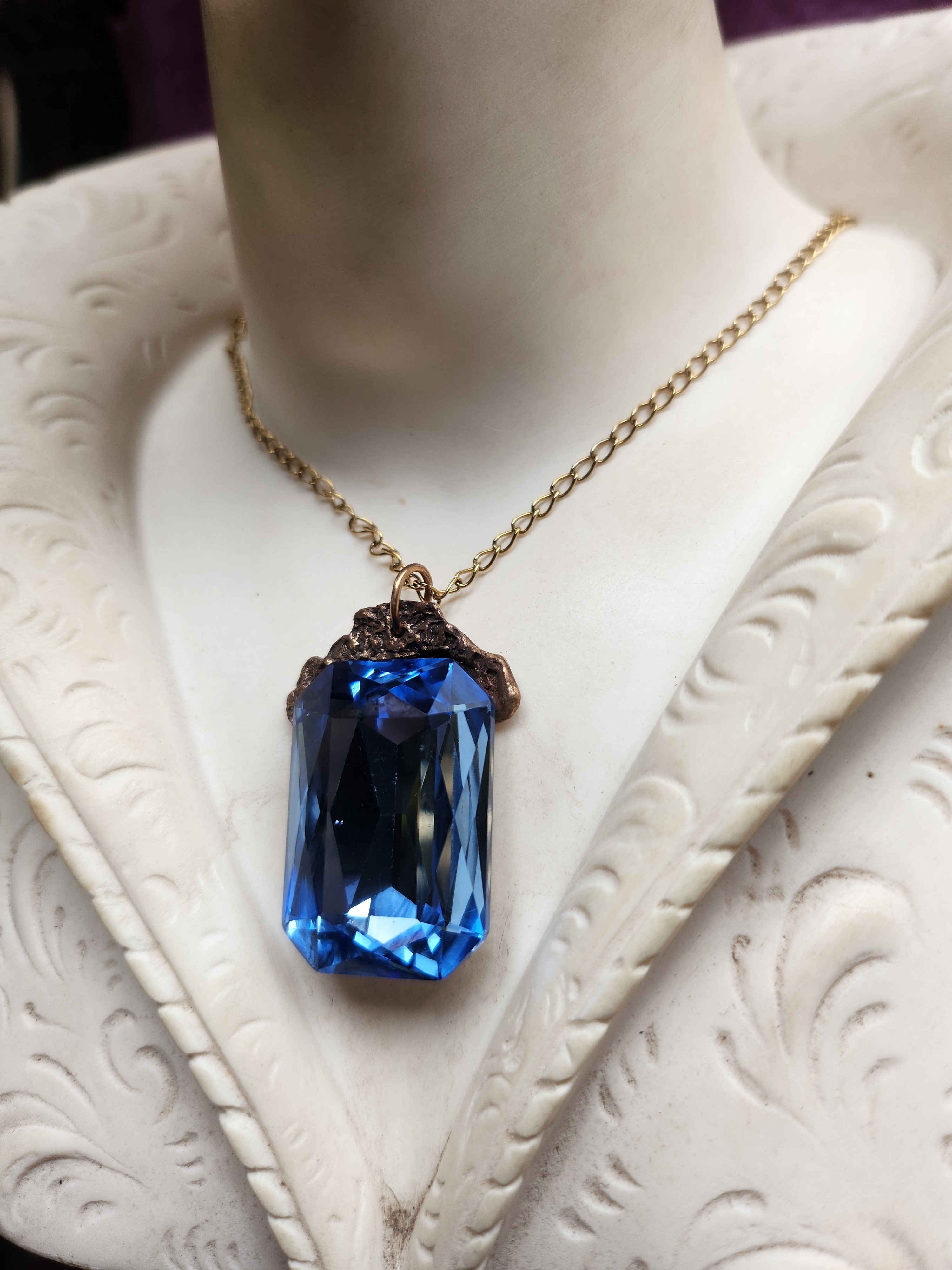 Mystic Baroque Collection - Handmade Bronze Pendant with Light Blue Octagon Crystal