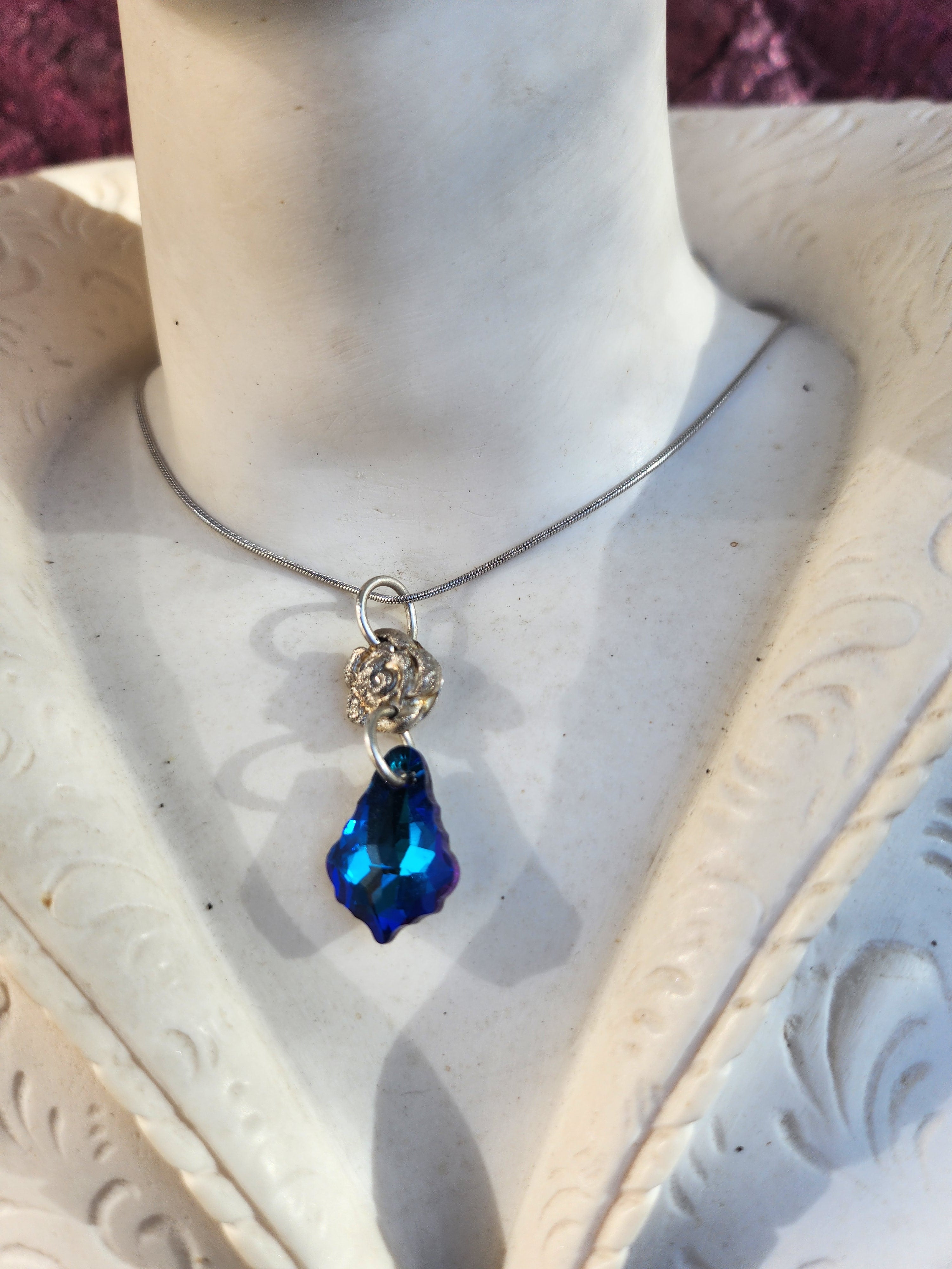 Rosarium Collection Collection - Handmade 999 Silver Rose Pendant with Deep Saphire Blue Crystal