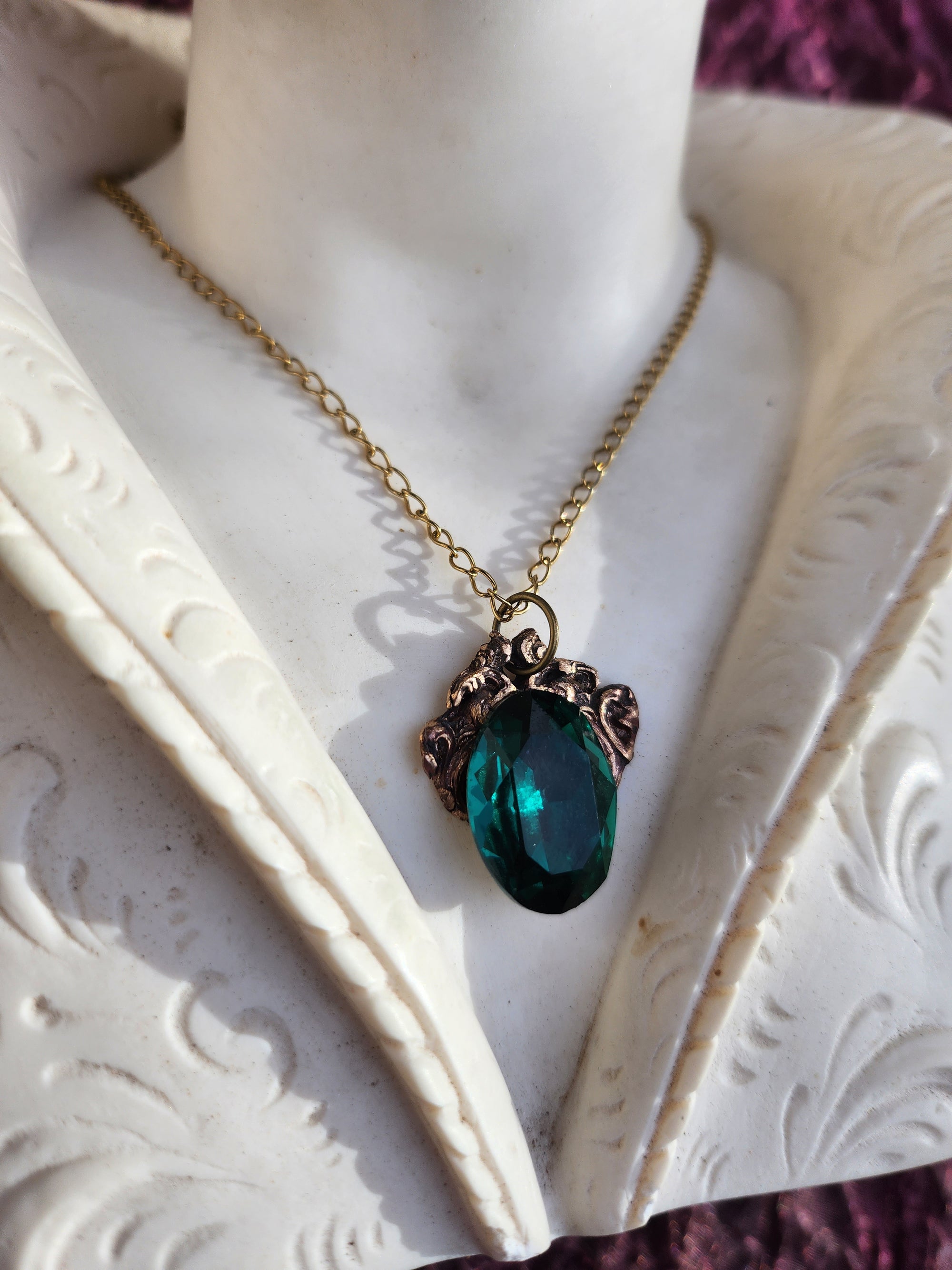 Handcrafted Bronze Pendant with Emerald Green Crystal – Renaissance Gothic Jewelry