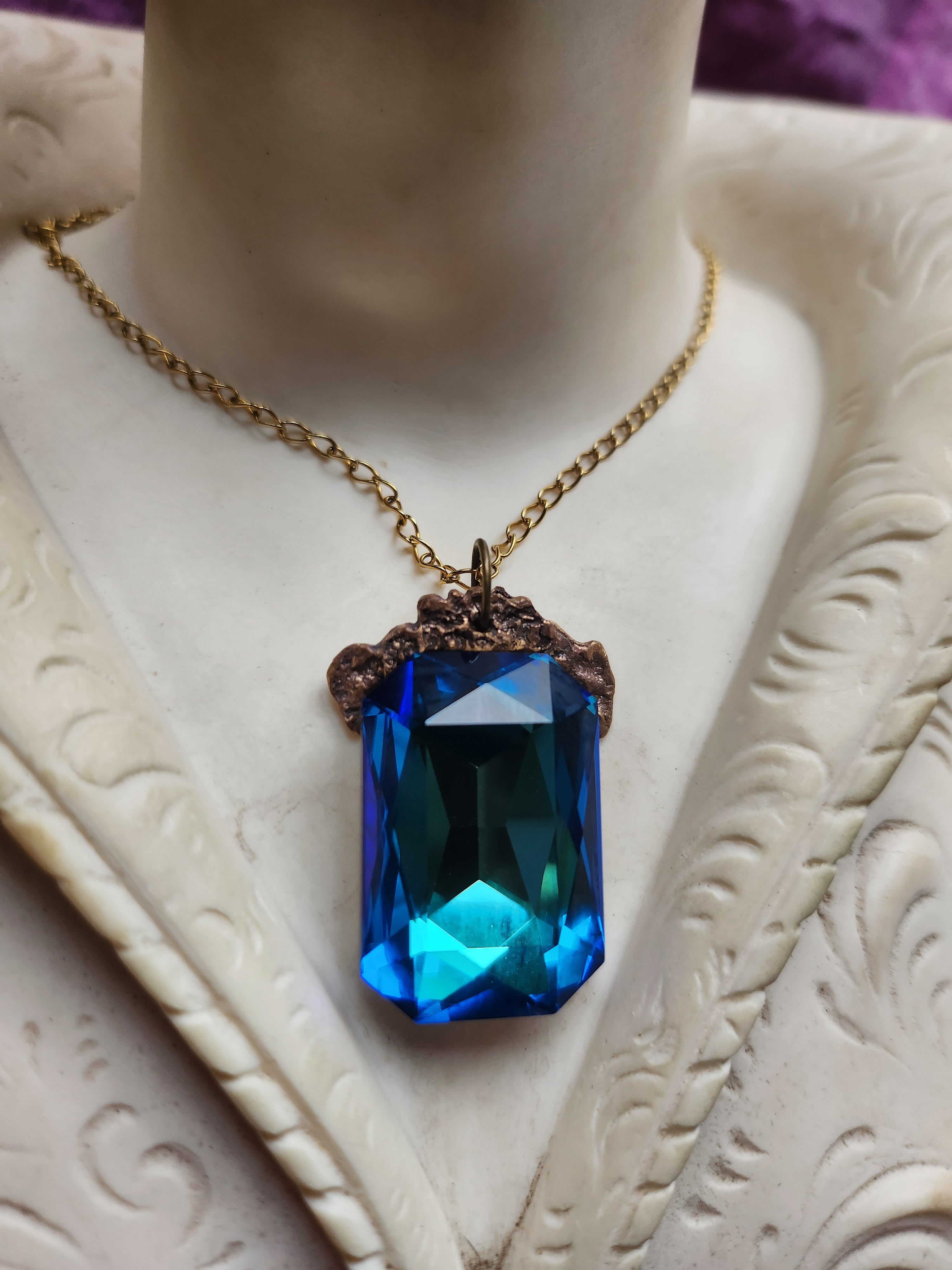Mystic Baroque Collection - Handmade Bronze Pendant with Blue and Green Octagon Crystal