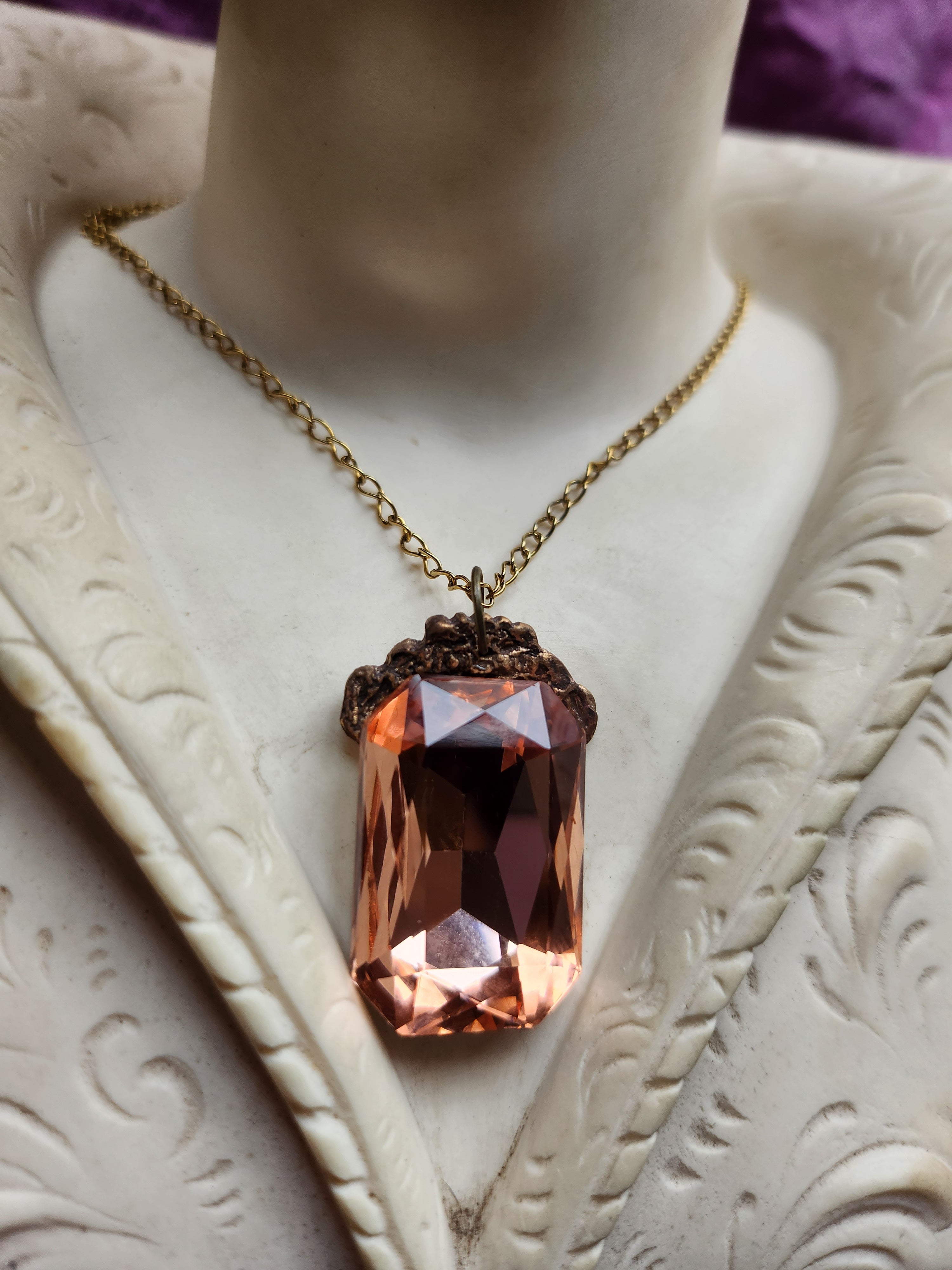 Mystic Baroque Collection - Handmade Bronze Pendant with Salmon Octagon Crystal