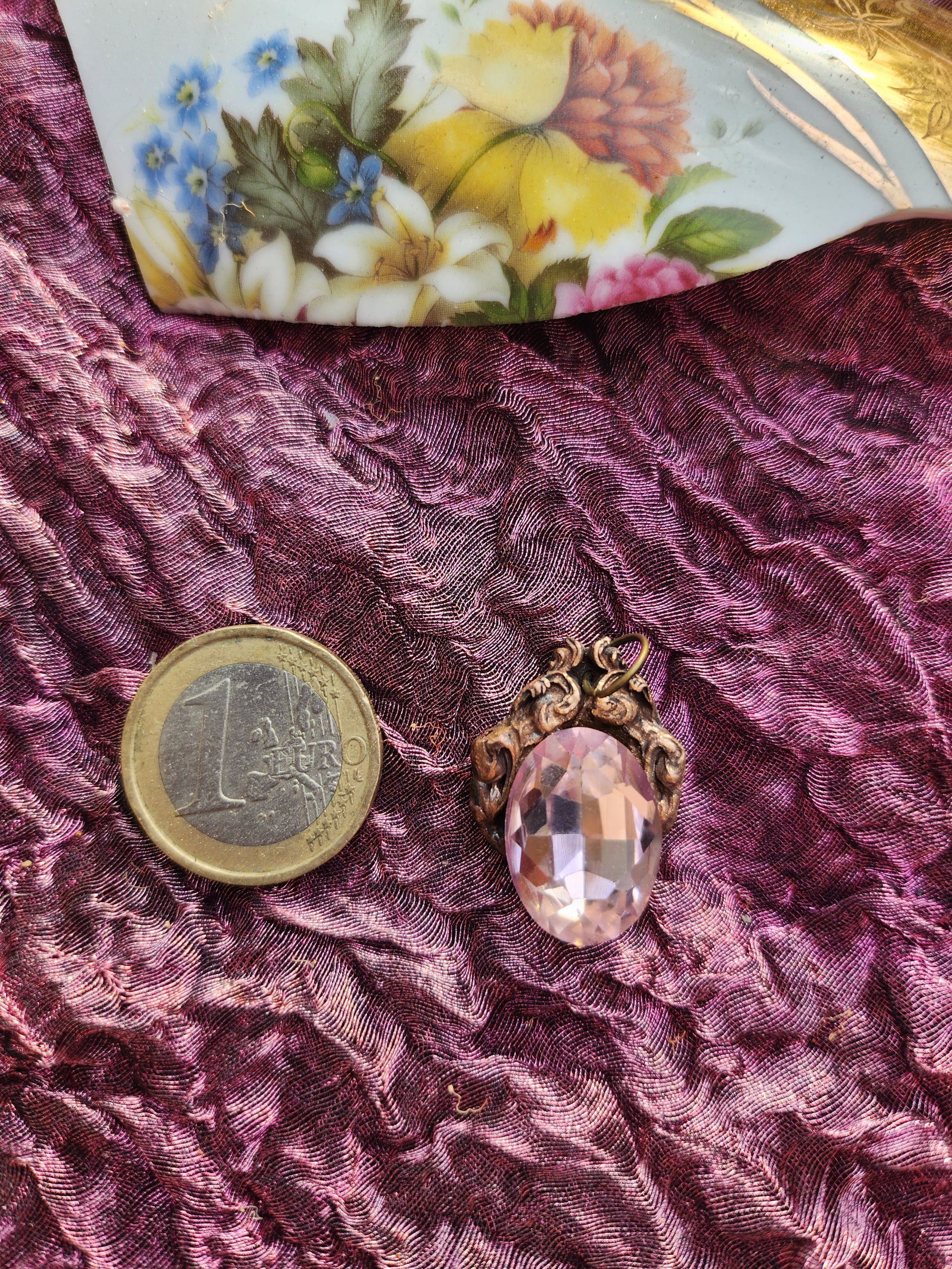 Handcrafted Bronze Pendant with Light Pink Crystal – Romantic Vintage Jewelry