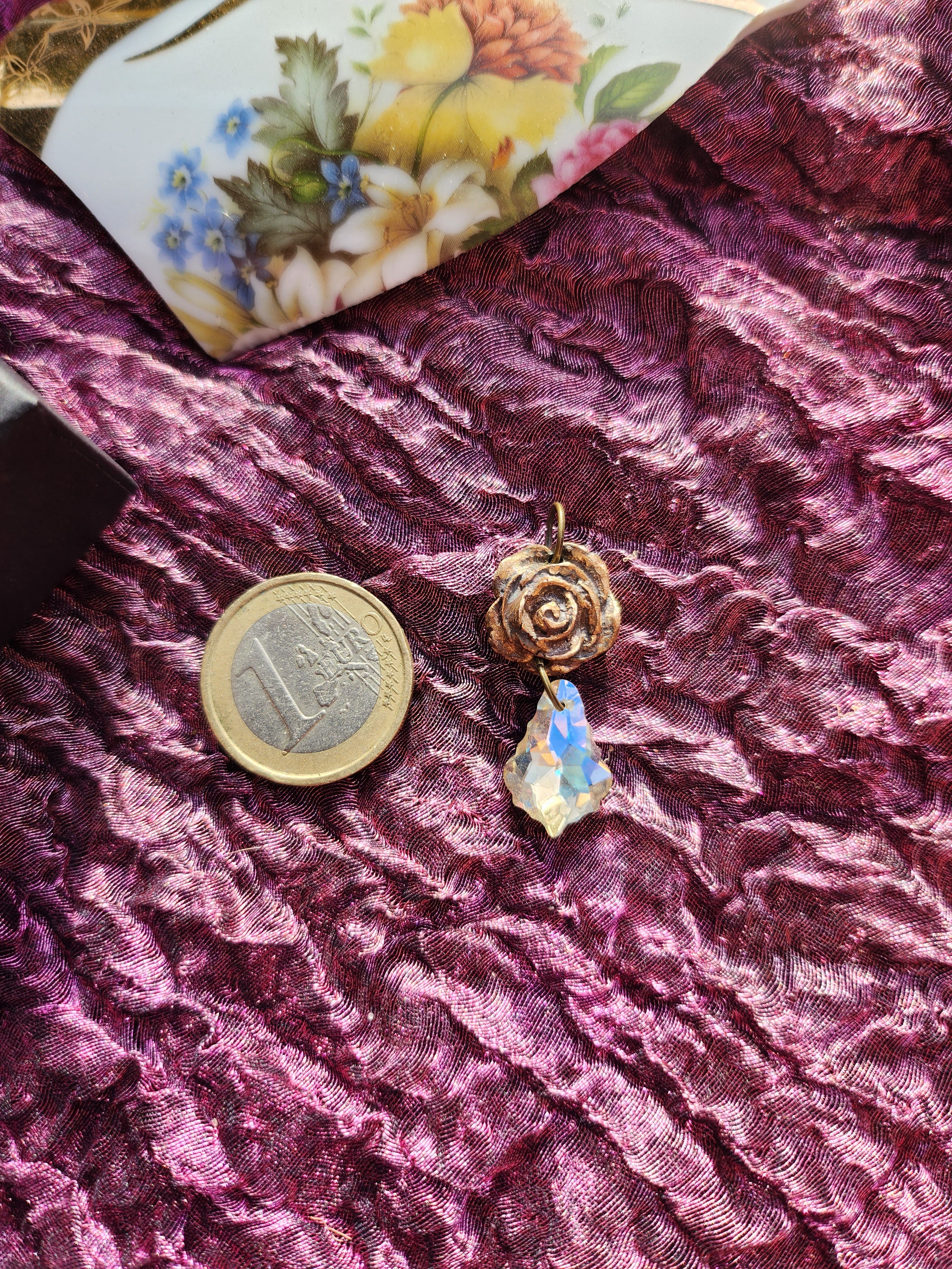Rosarium Collection - Handmade Bronze Rose Pendant with White Crystal