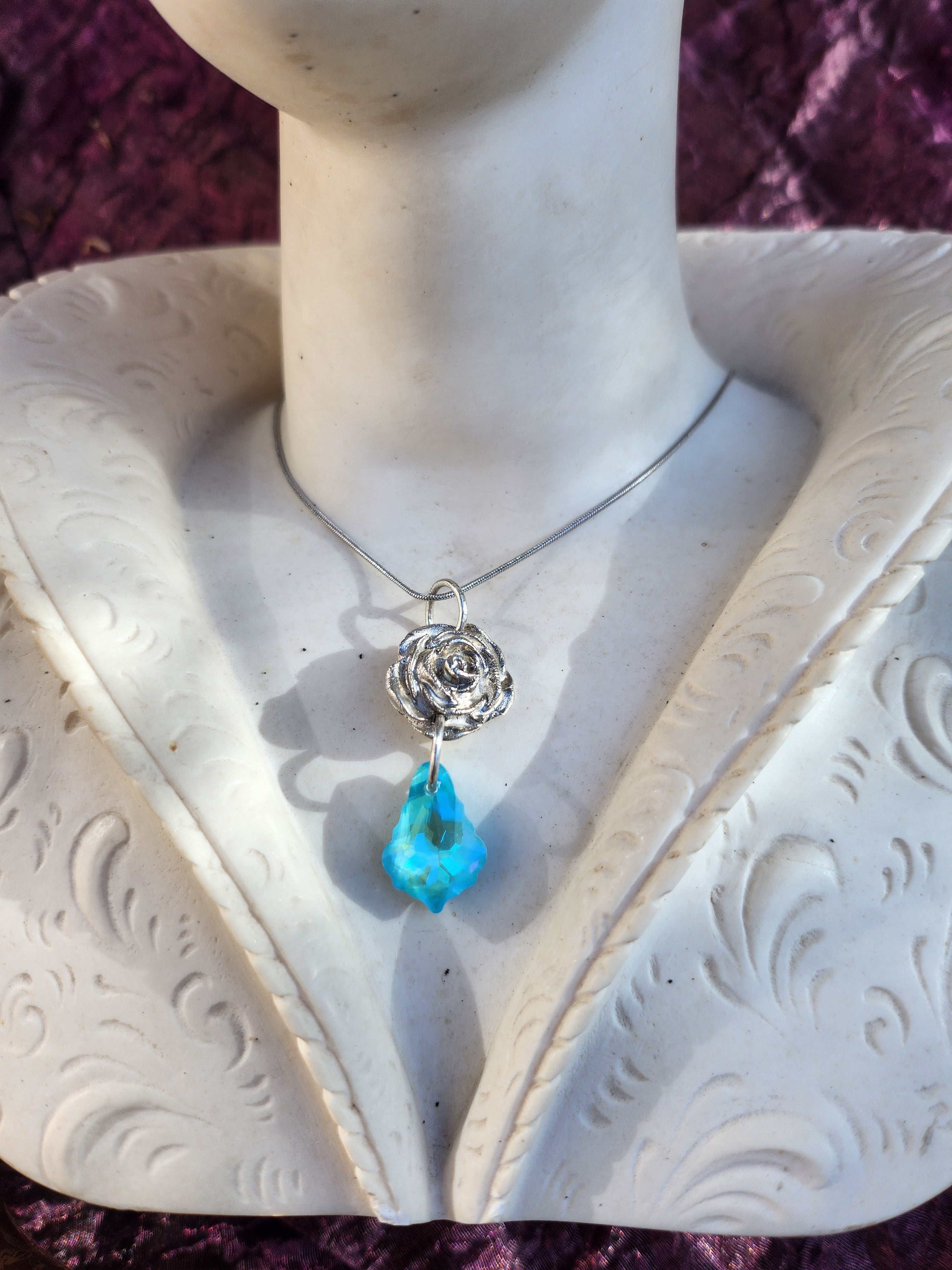 Rosarium Collection - Handmade 999 Silver Rose Pendant with Aquamarine Blue Crystal