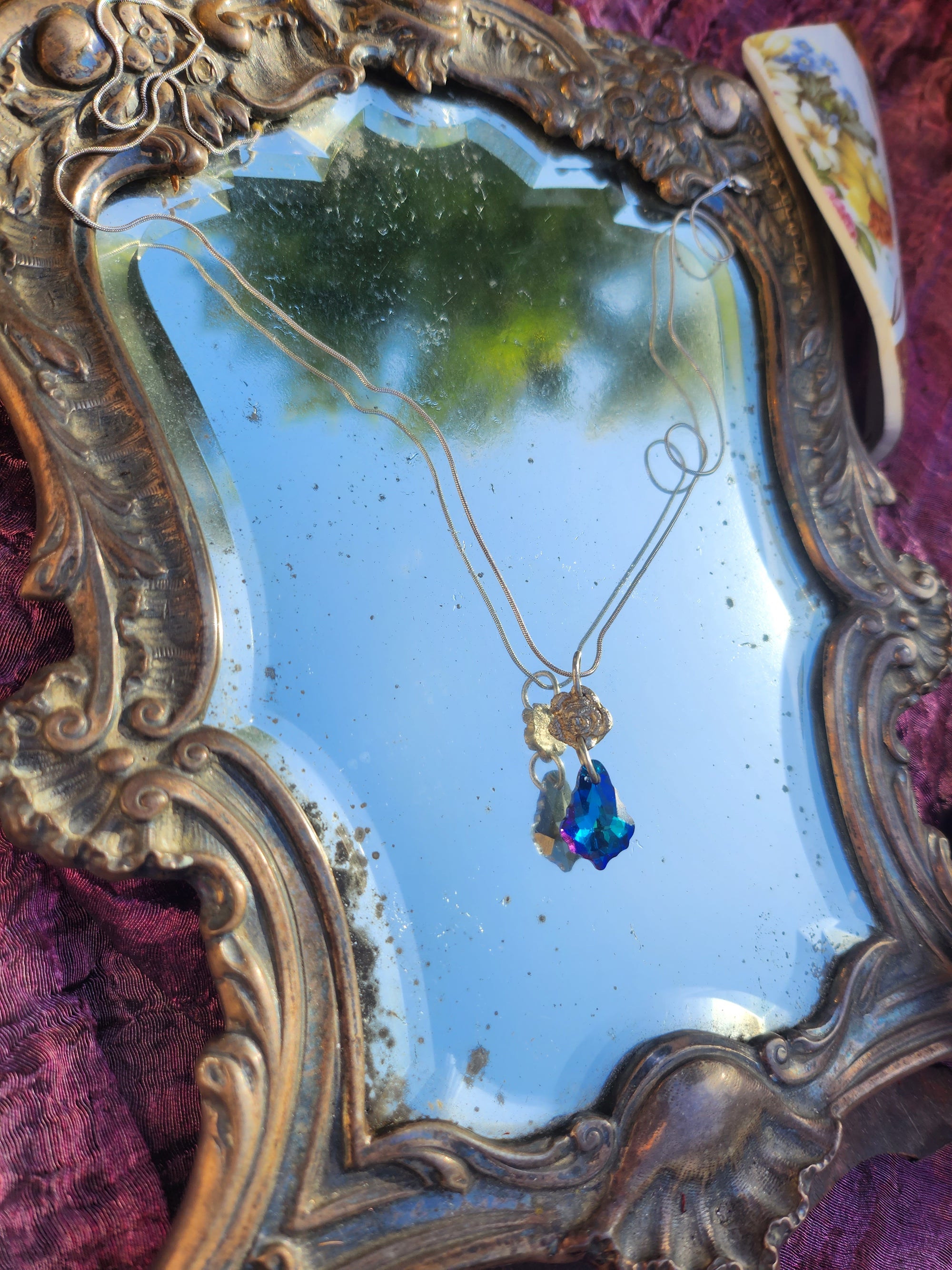 Deep Blue Crystal & Silver Flower Necklace – Handmade 999 Silver Pendant – Romantic Fairycore Jewelry – One of a Kind Gift