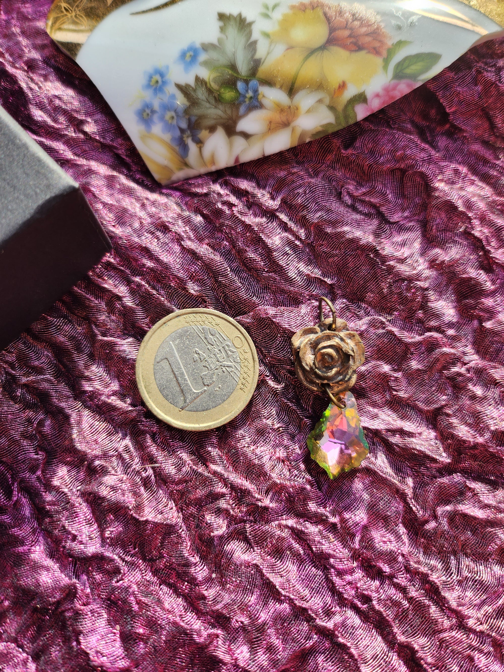 Handmade Bronze Rose Pendant with Green-Pink Crystal – Vintage Boho Jewelry for Women