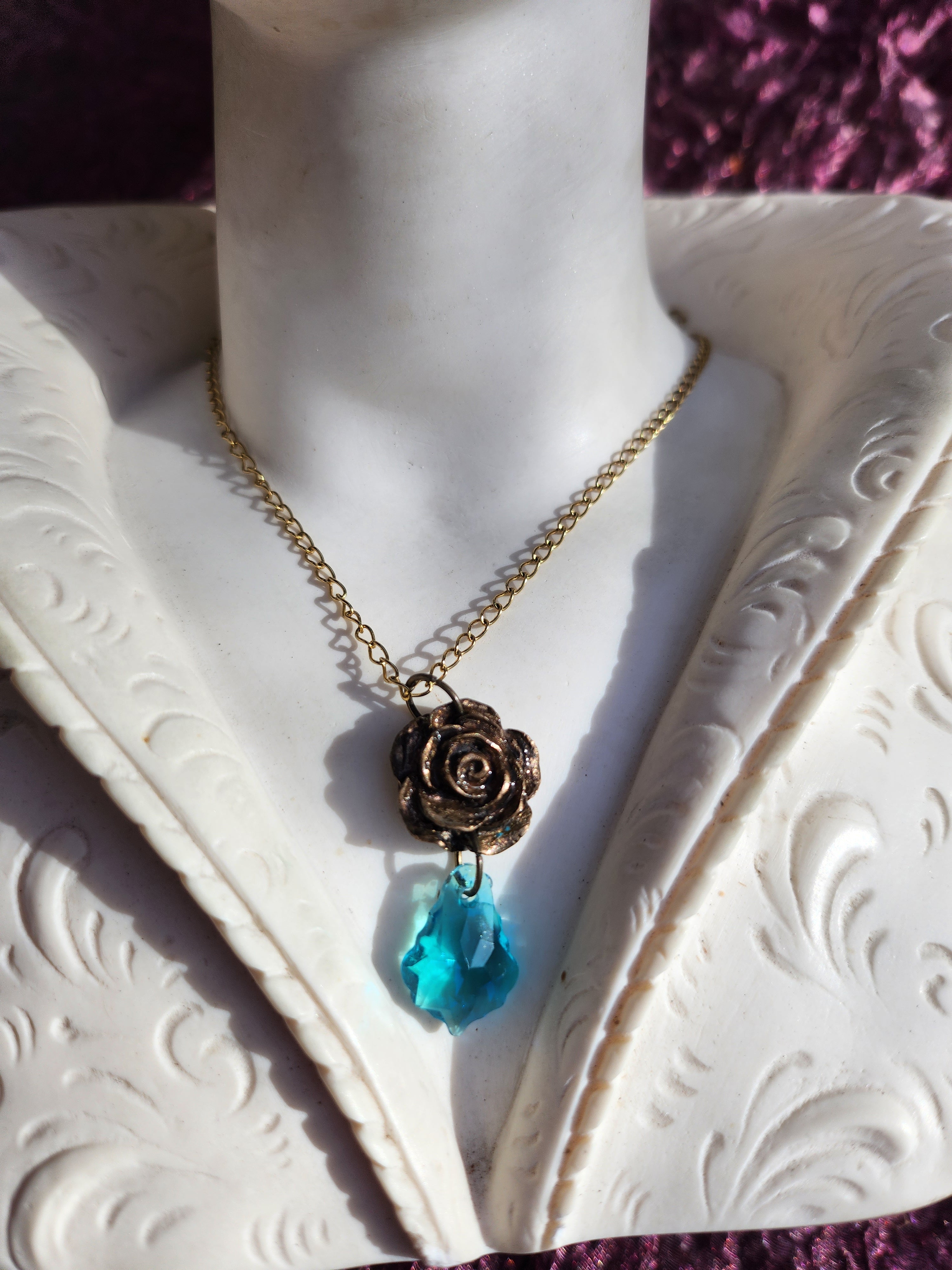 Rosarium Collection Collection - Handmade Bronze Rose Pendant with Light Blue Crystal