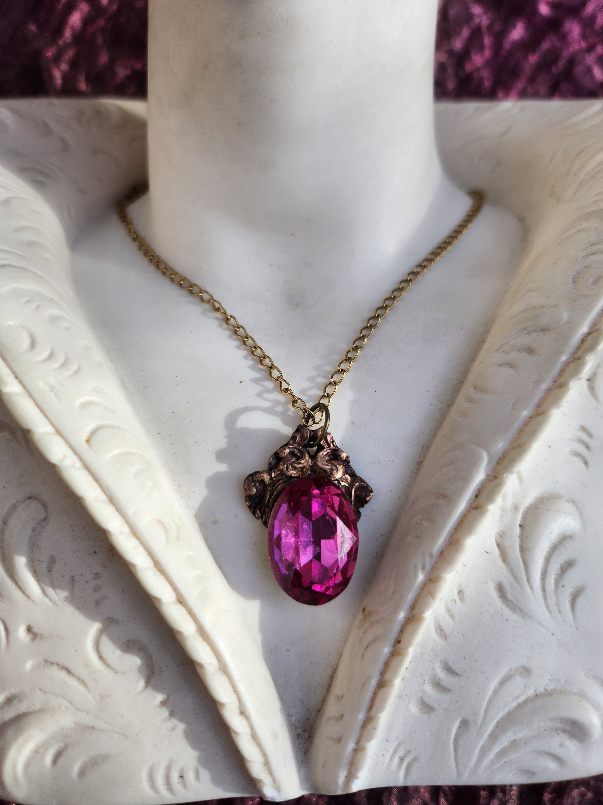 Handcrafted Bronze Pendant with Fuchsia Crystal – Unique Gothic Statement Jewelry