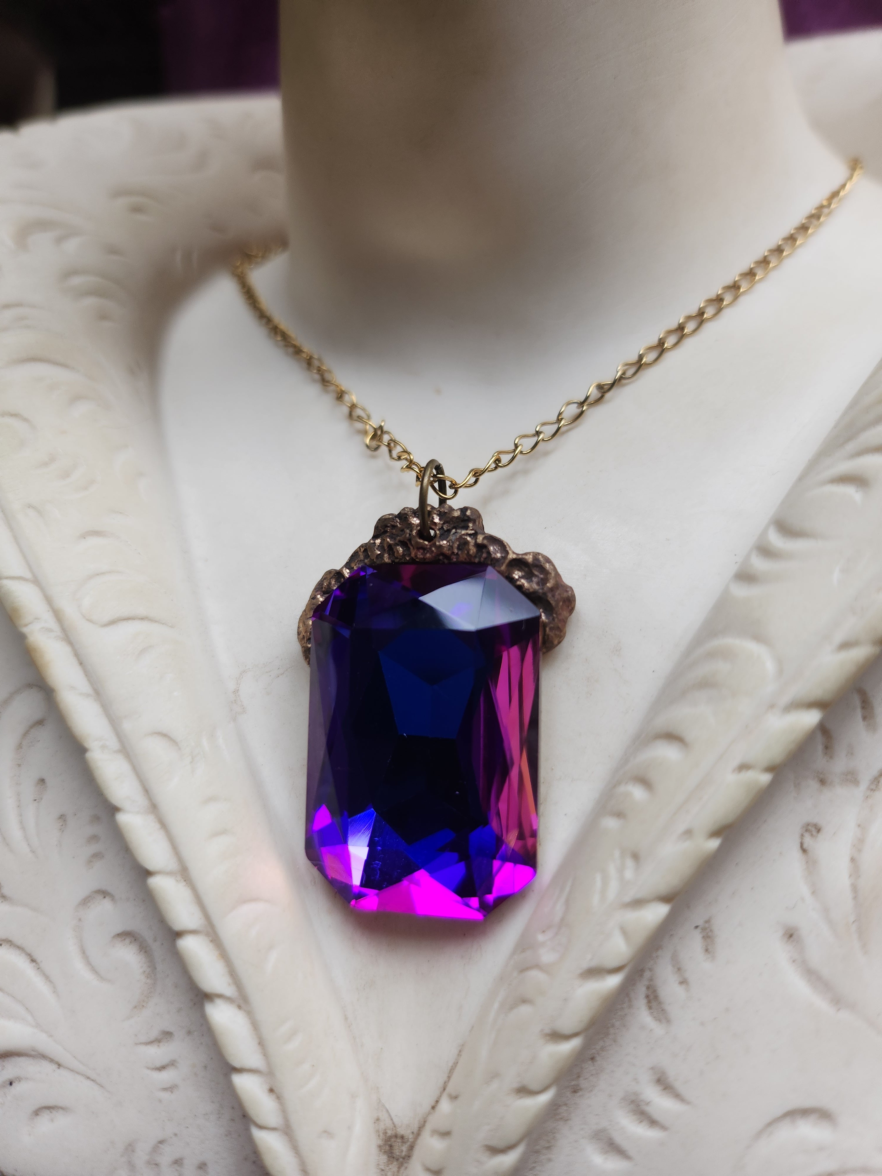 Mystic Baroque Collection - Handmade Bronze Pendant with Electric Purple Octagon Crystal