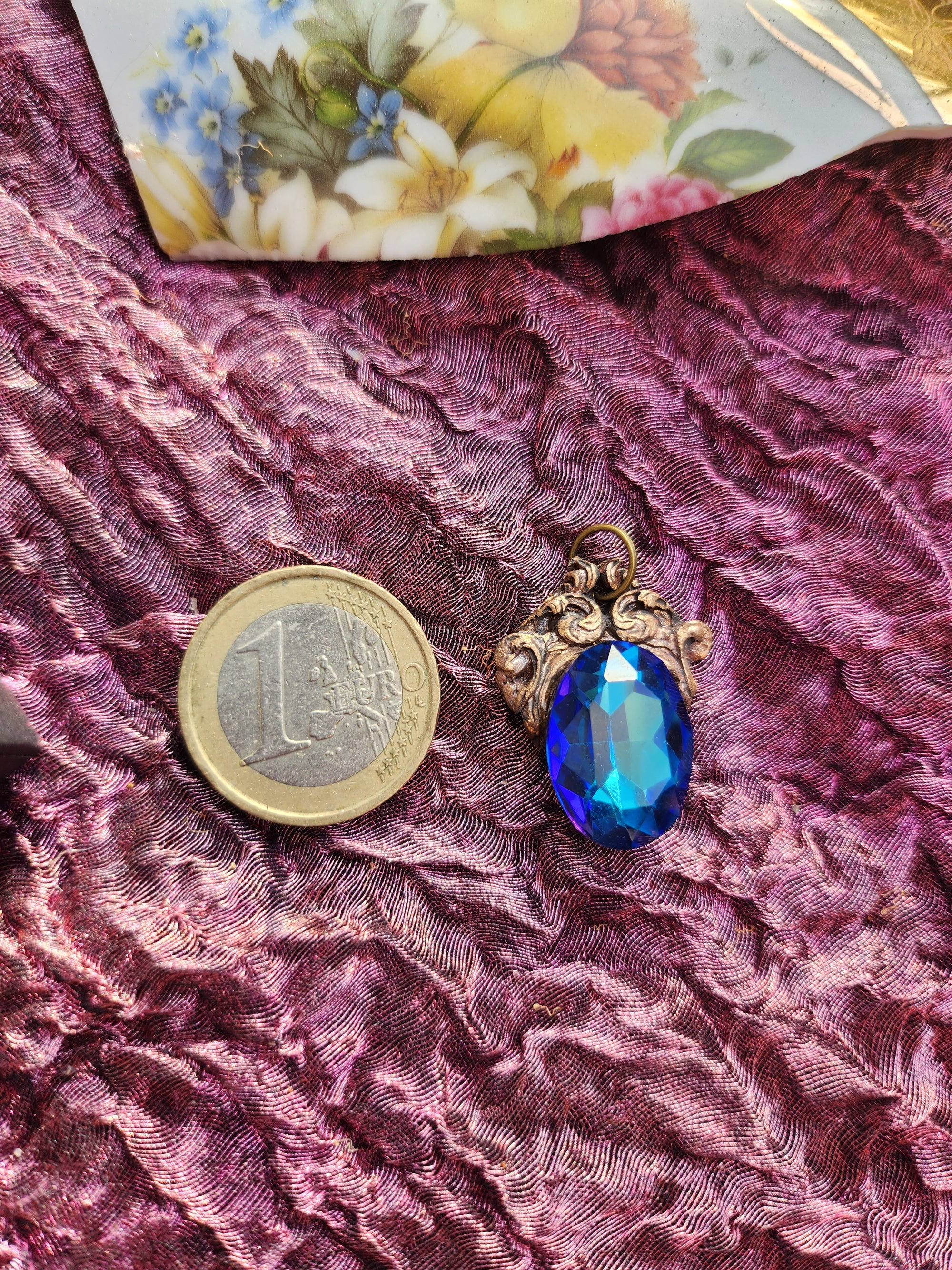 Handcrafted Bronze Pendant with Blue Crystal – Medieval Fantasy Jewelry