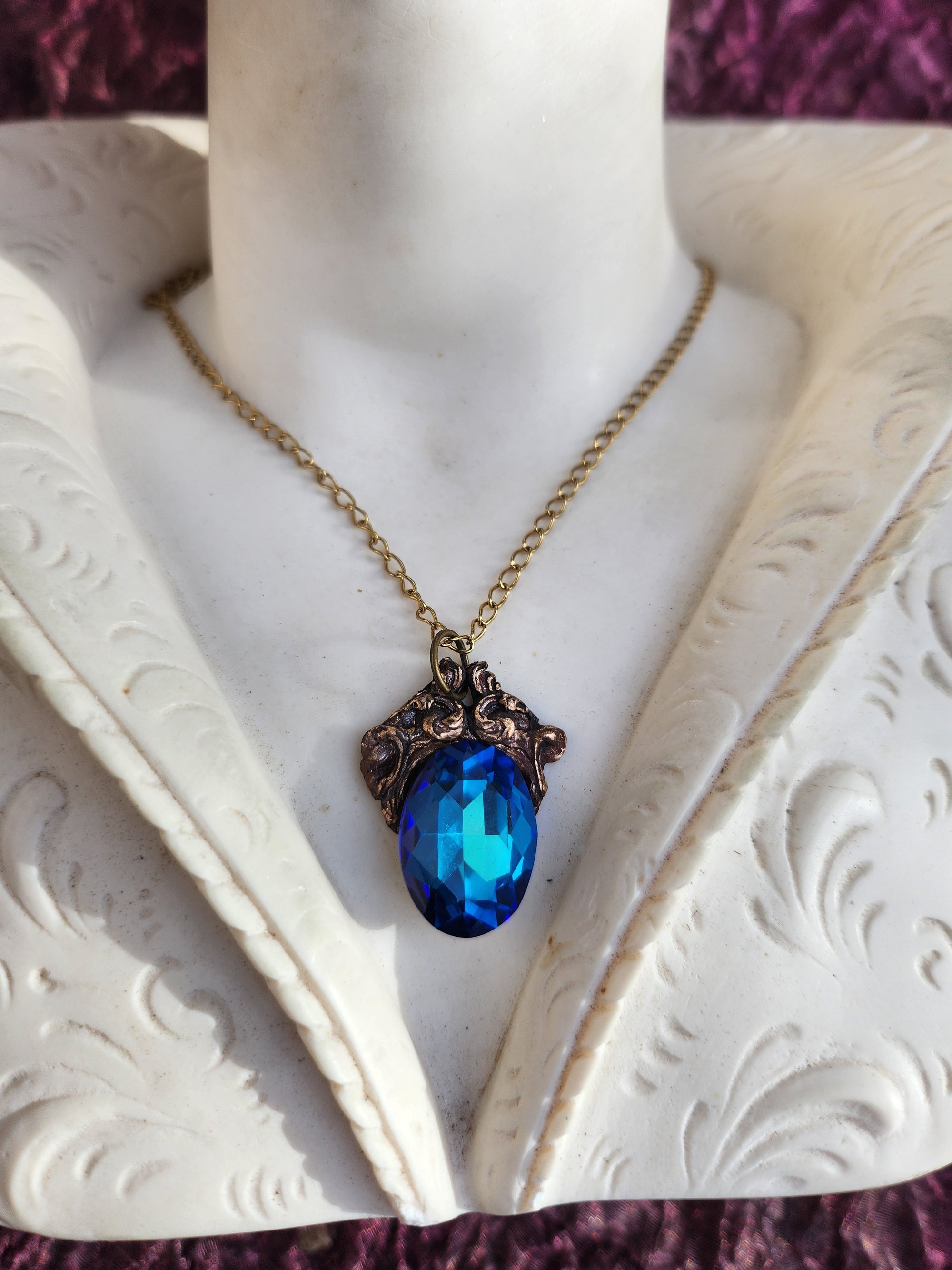 Handcrafted Bronze Pendant with Blue Crystal – Medieval Fantasy Jewelry
