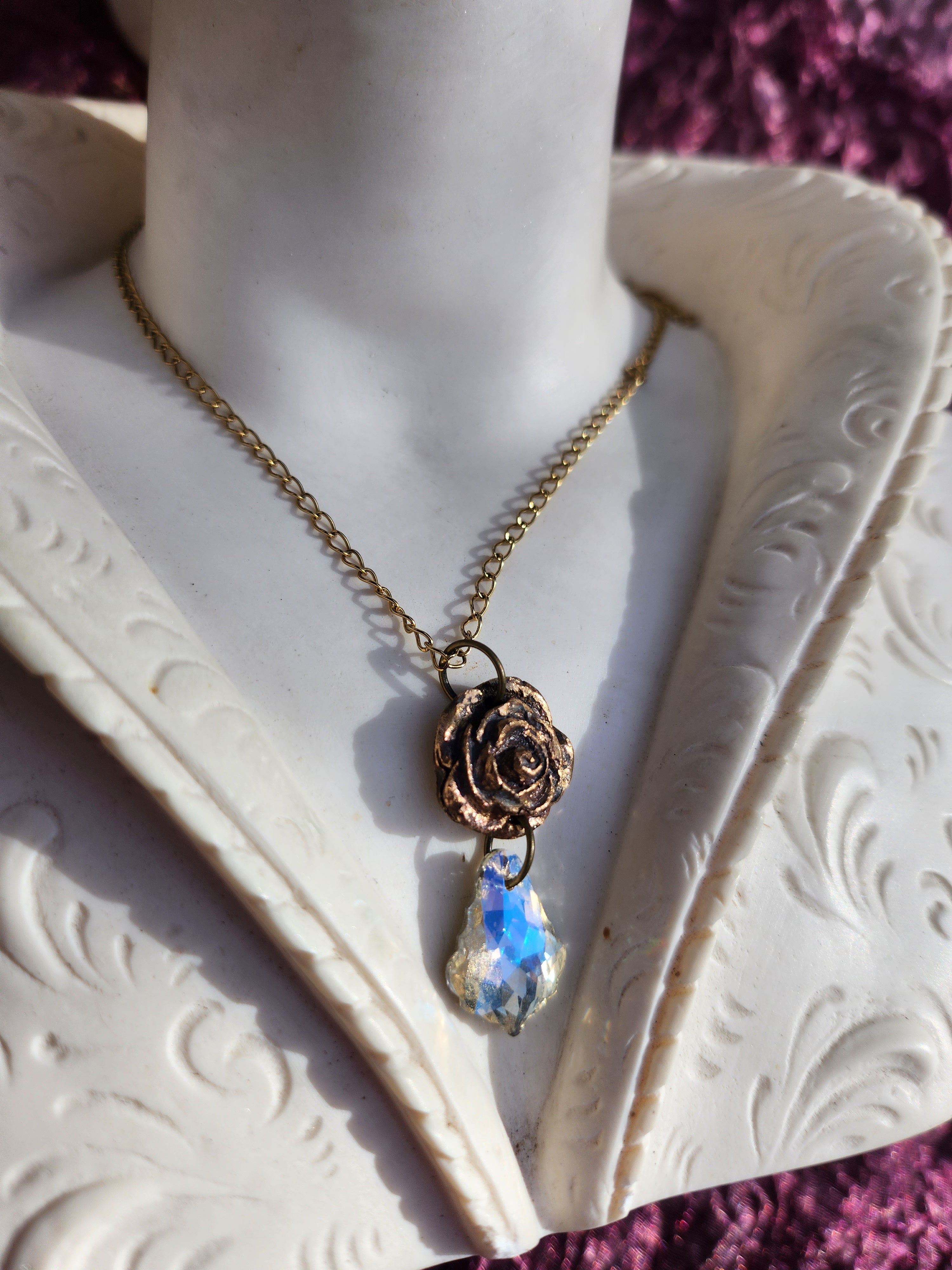Rosarium Collection Collection - Handmade Bronze Rose Pendant with White Crystal