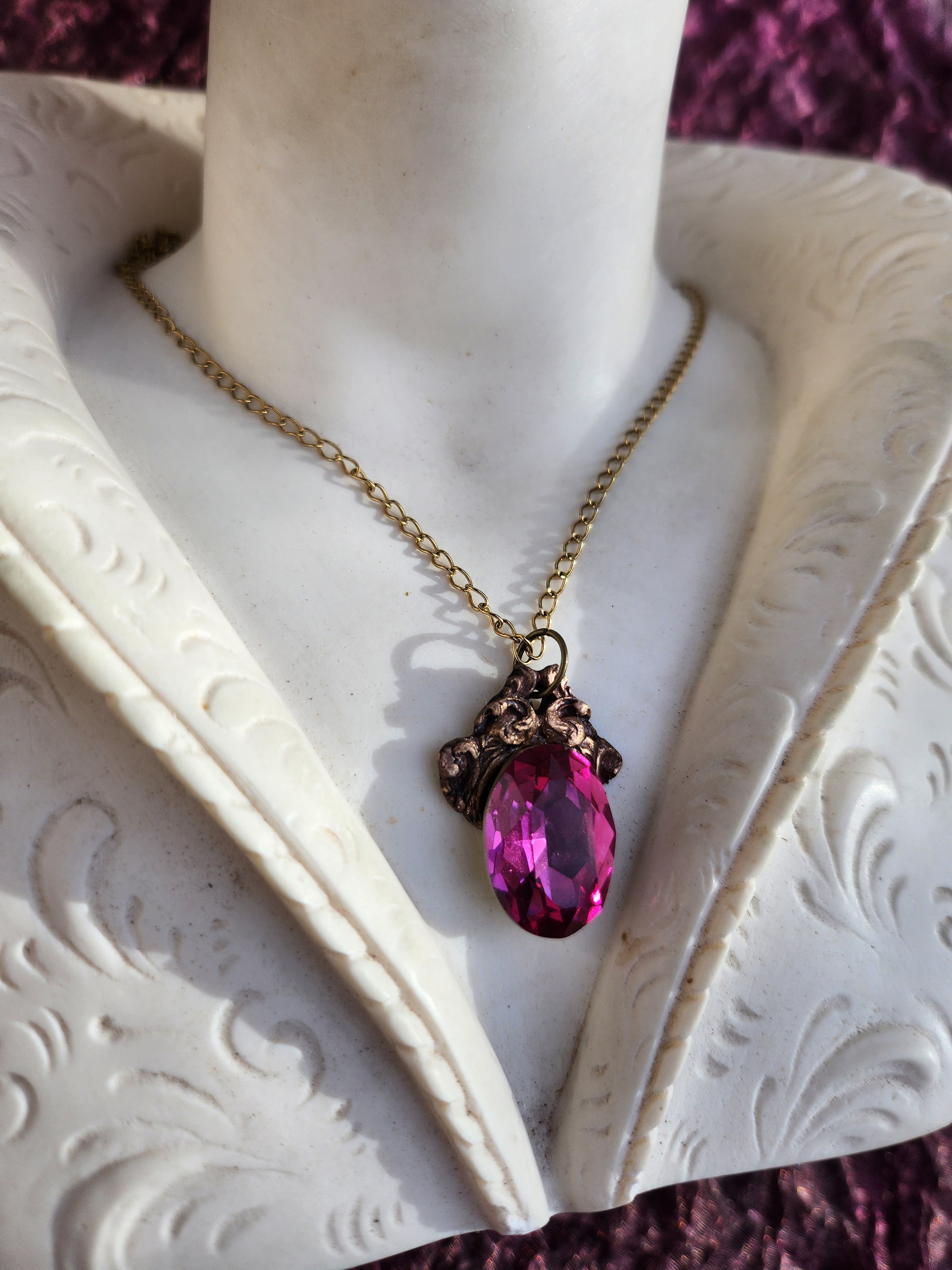 Handcrafted Bronze Pendant with Fuchsia Crystal – Unique Gothic Statement Jewelry