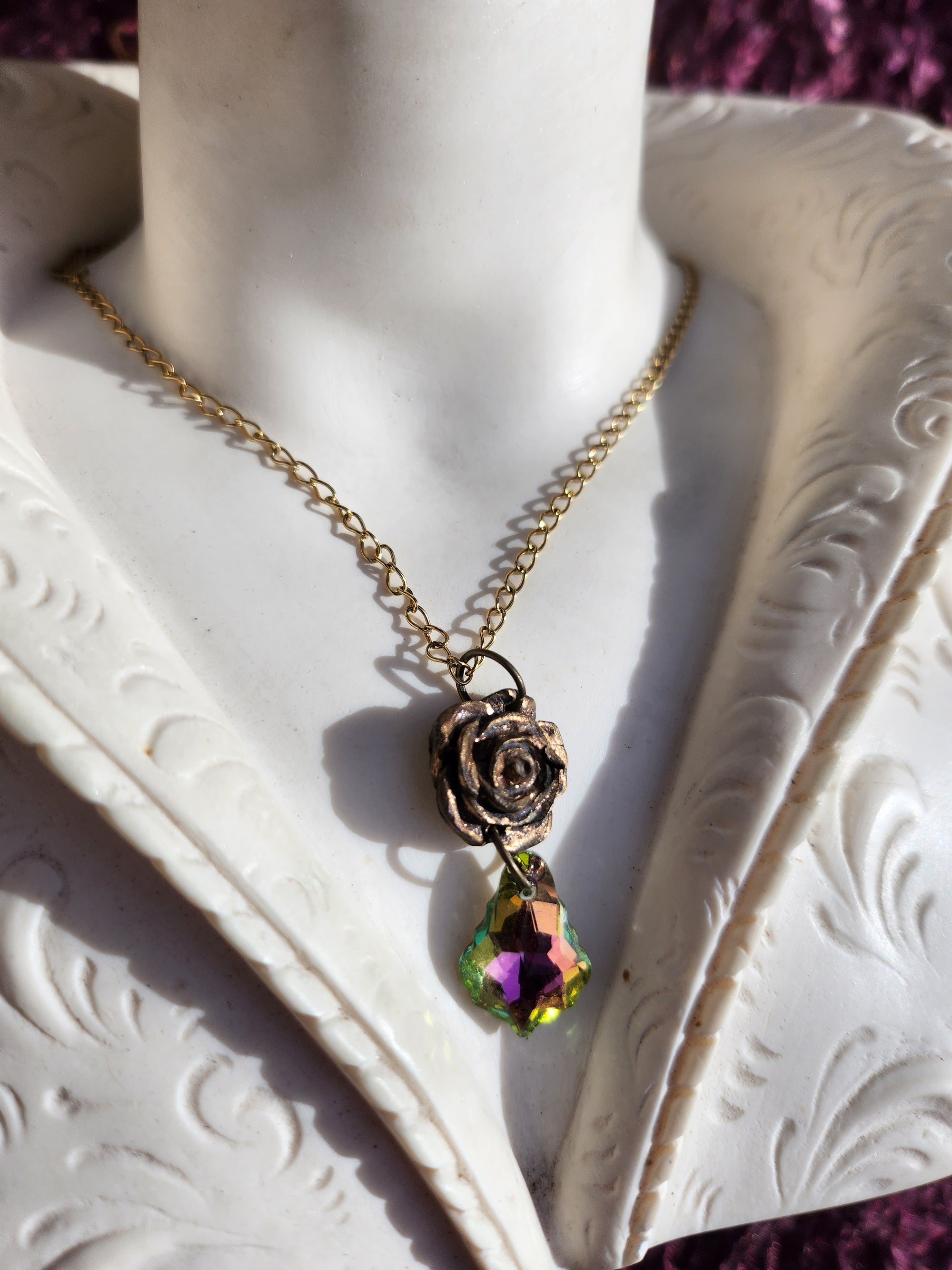 Handmade Bronze Rose Pendant with Green-Pink Crystal – Vintage Boho Jewelry for Women