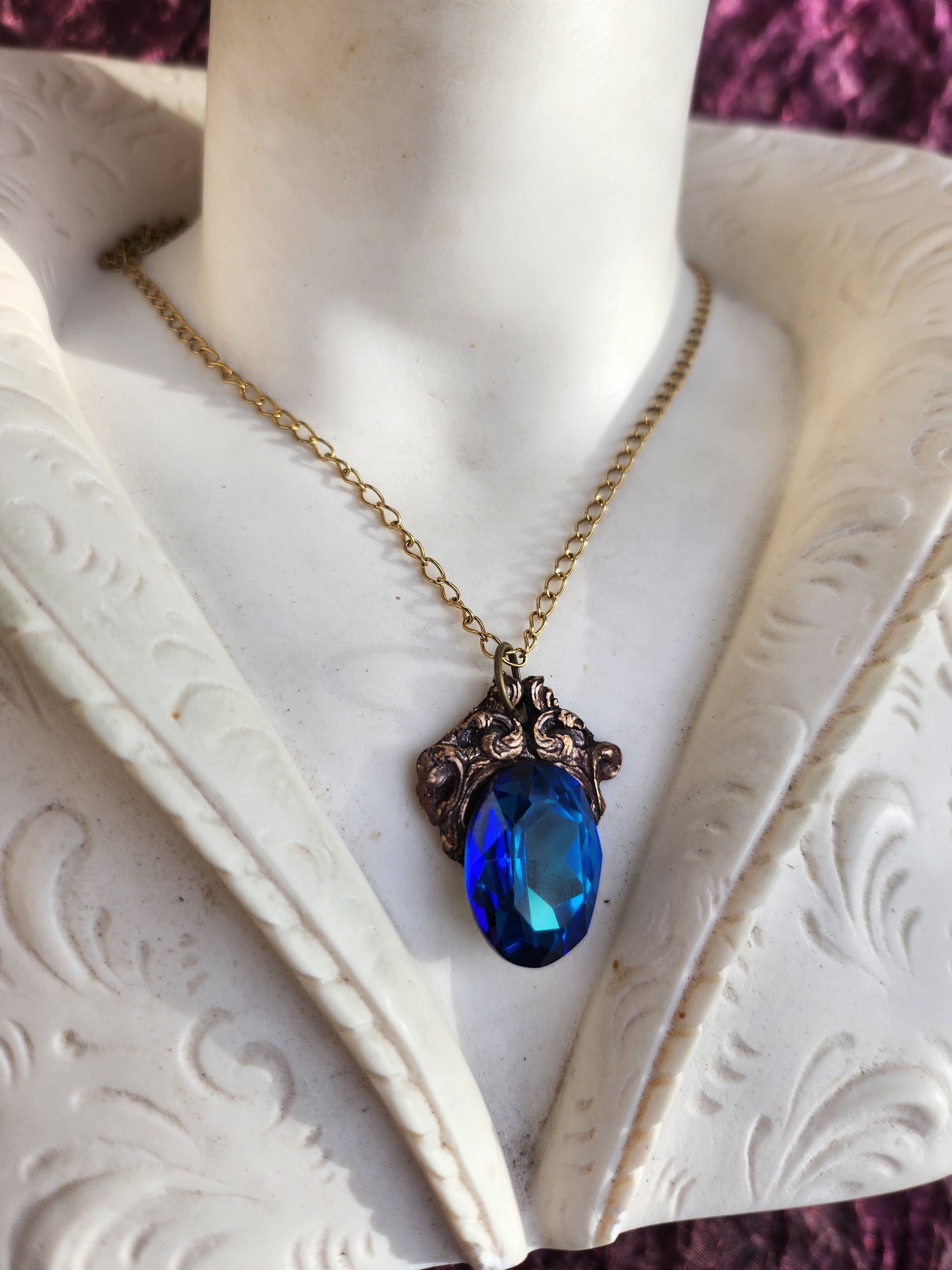 Handcrafted Bronze Pendant with Blue Crystal – Medieval Fantasy Jewelry