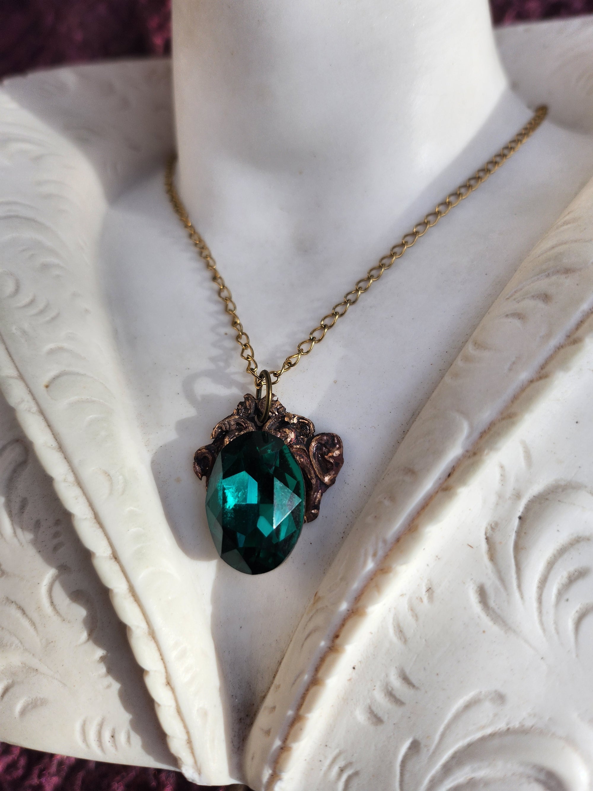 Handcrafted Bronze Pendant with Emerald Green Crystal – Renaissance Gothic Jewelry