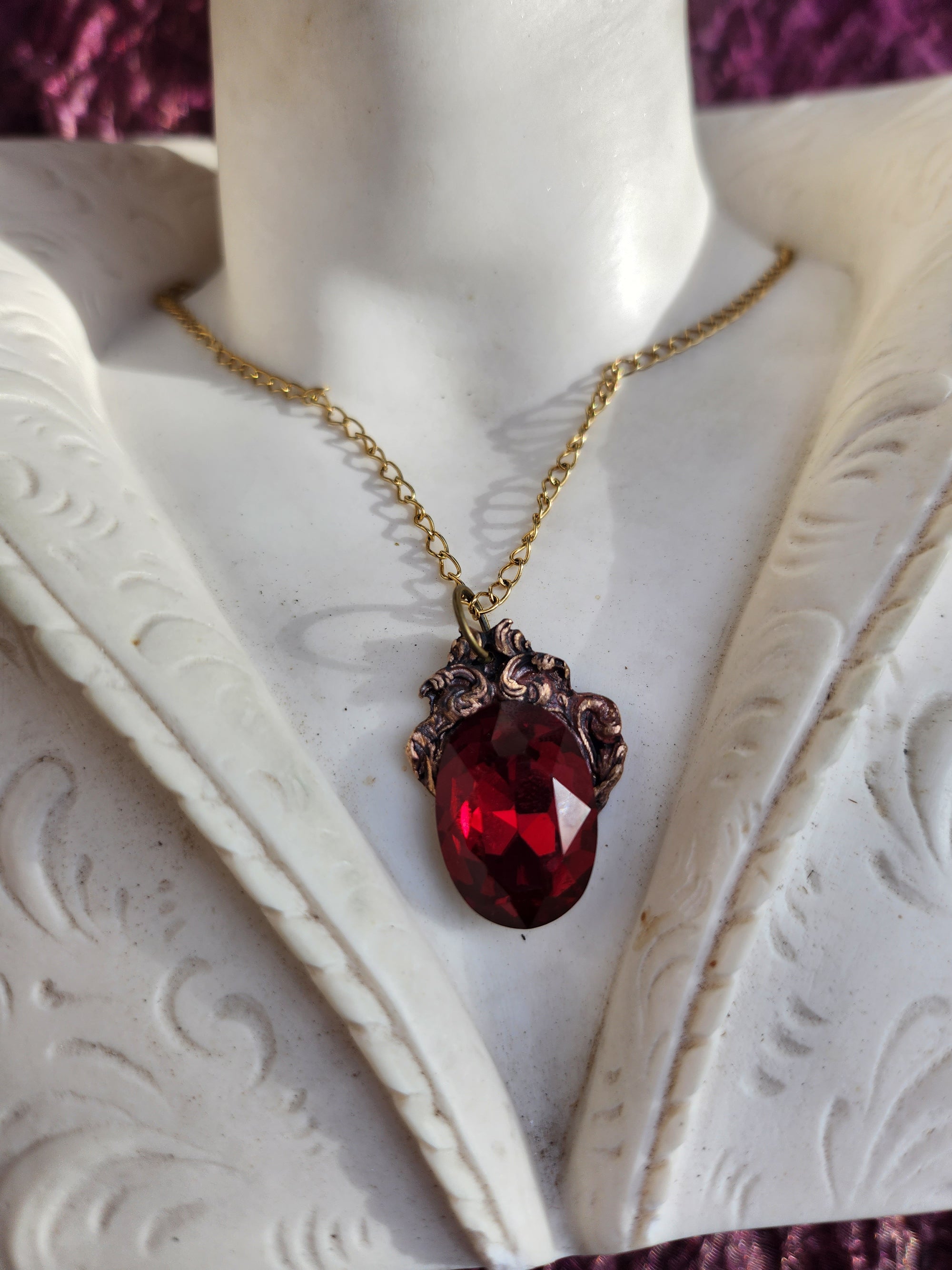 Handcrafted Bronze Pendant with Ruby Red Crystal – Vintage Gothic Jewelry