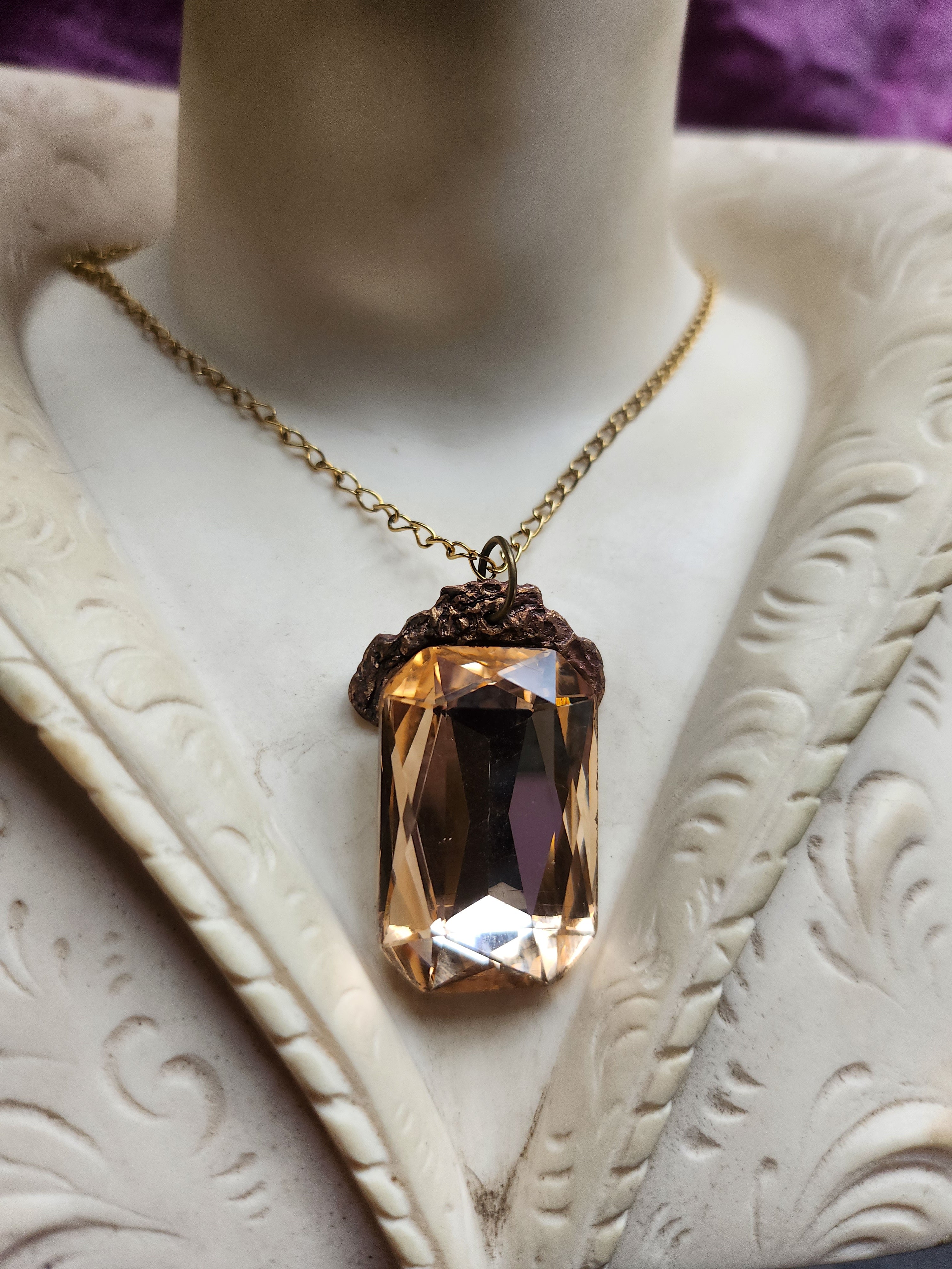 Mystic Baroque Collection - Handmade Bronze Pendant with Champagne Octagon Crystal