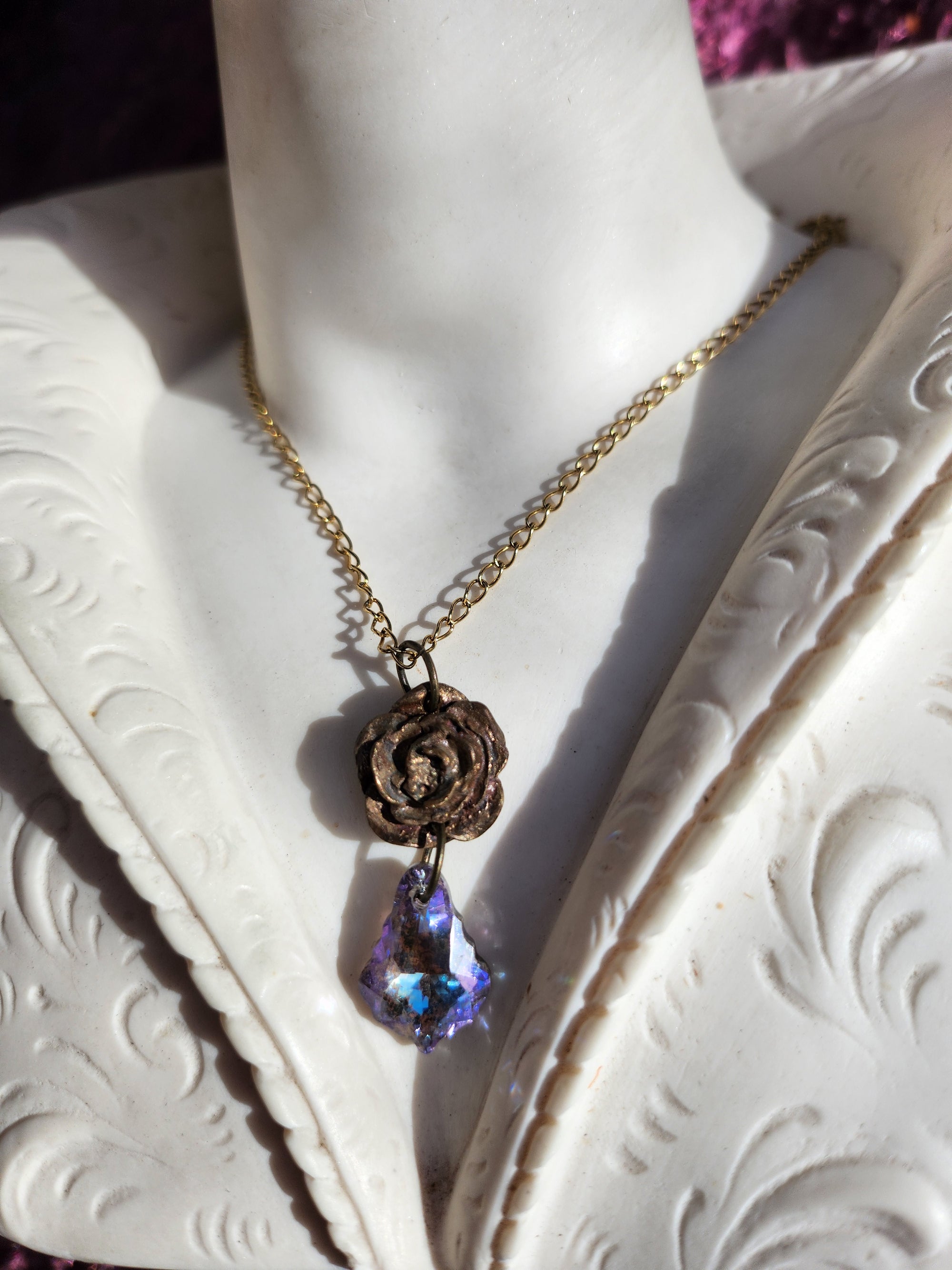 Handmade Bronze Rose Necklace with Lilac Crystal – Whimsical Fairycore Jewelry
