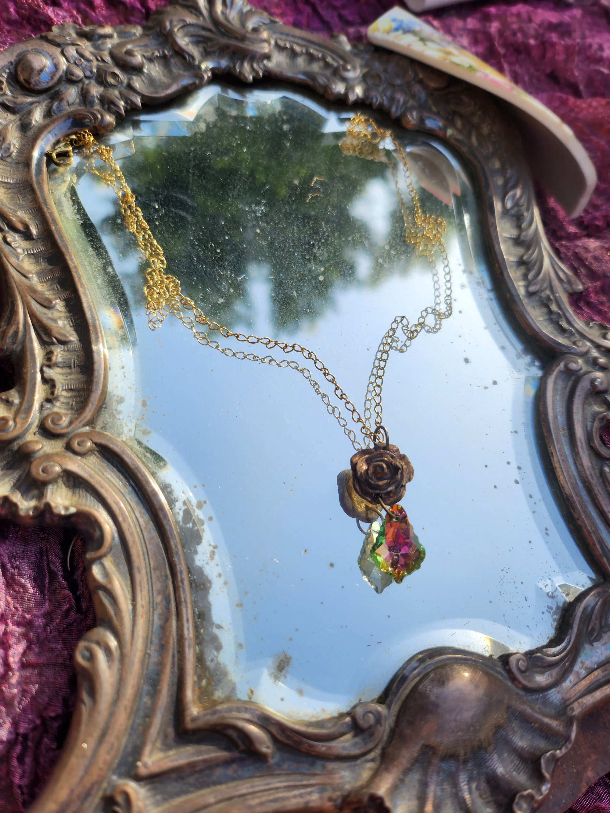 Handmade Bronze Rose Pendant with Green-Pink Crystal – Vintage Boho Jewelry for Women