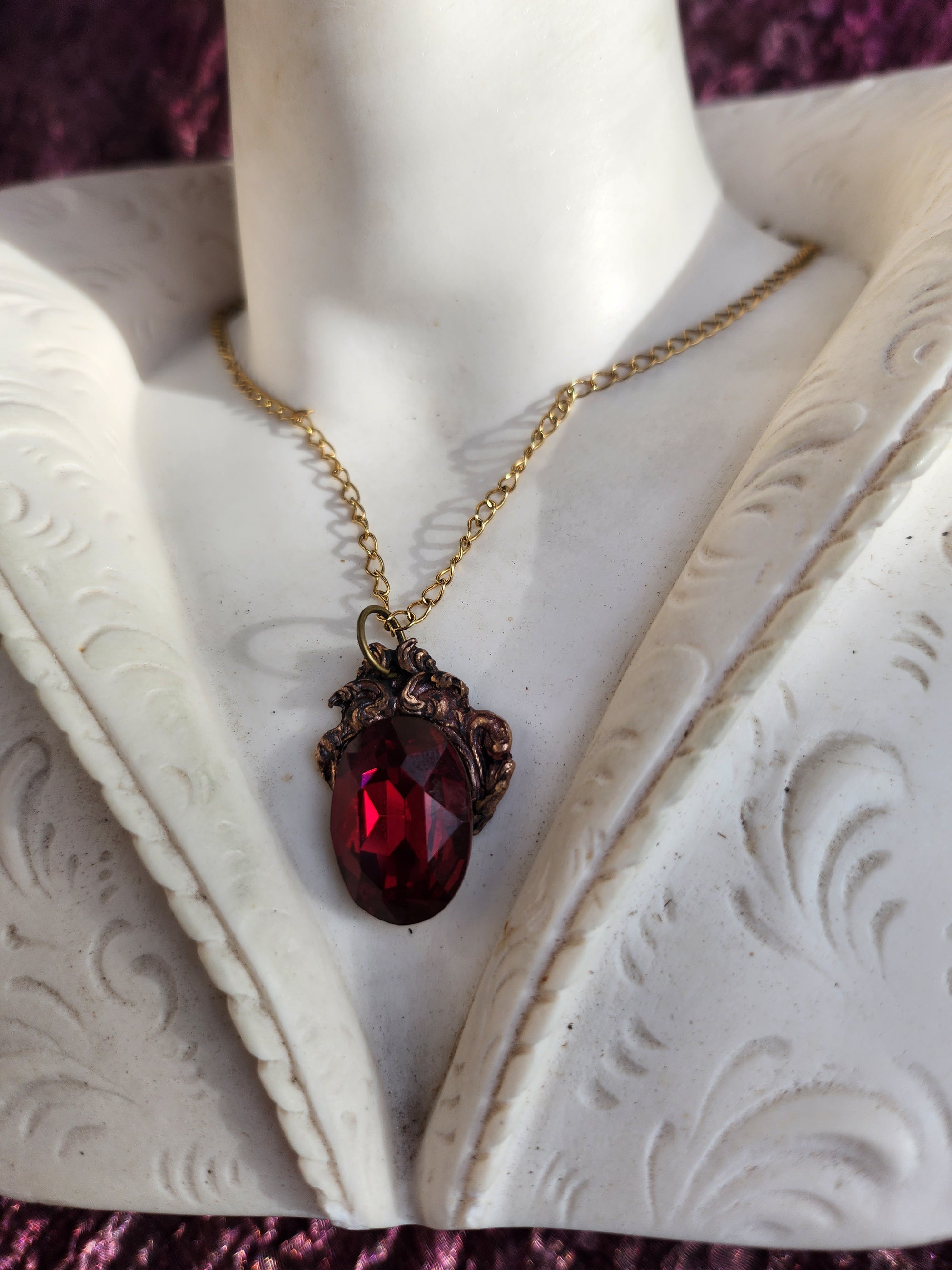 Handcrafted Bronze Pendant with Ruby Red Crystal – Vintage Gothic Jewelry