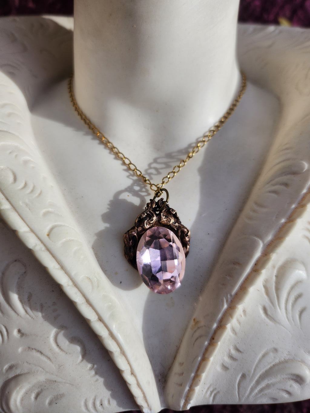 Handcrafted Bronze Pendant with Light Pink Crystal – Romantic Vintage Jewelry