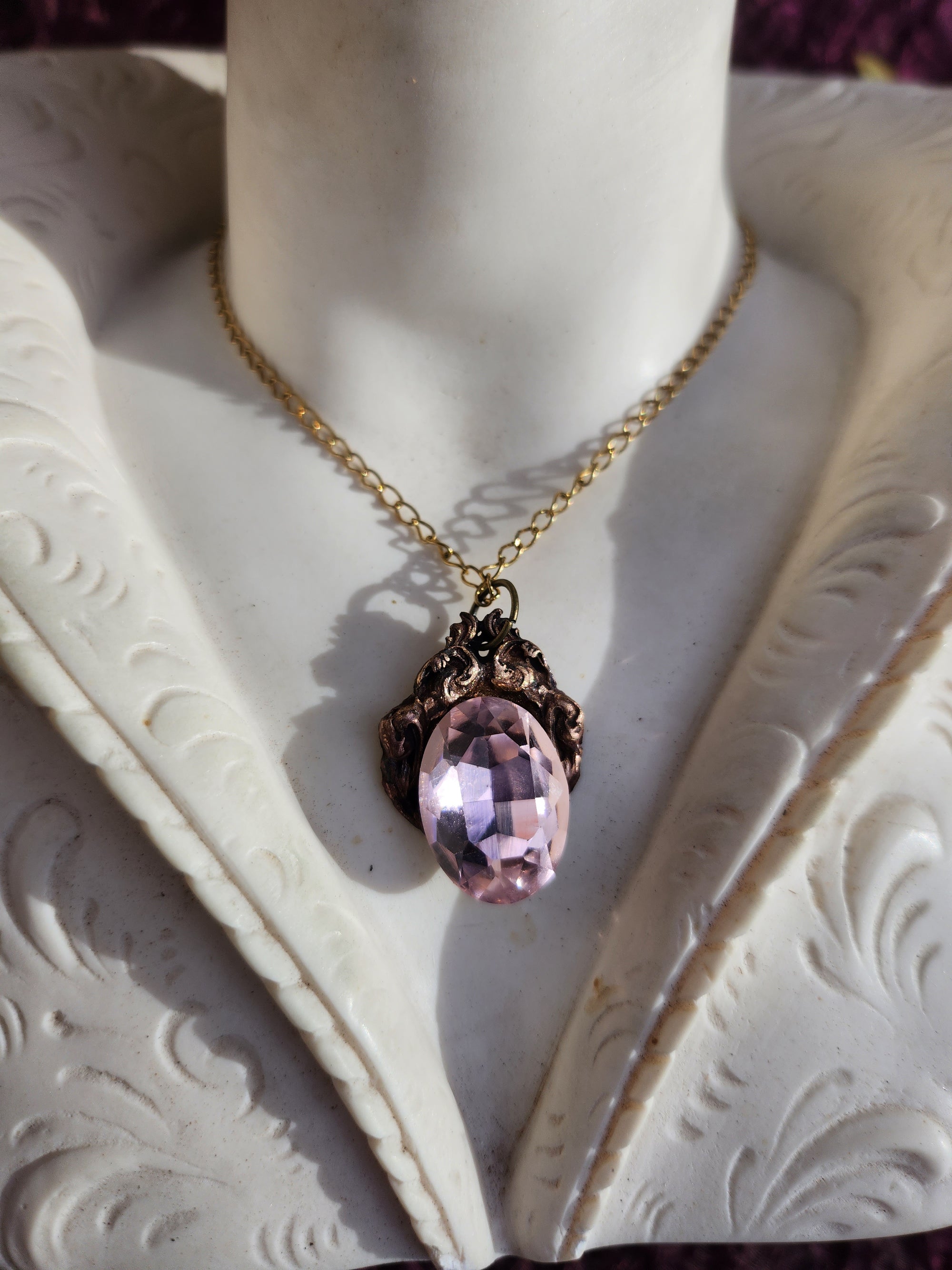 Handcrafted Bronze Pendant with Light Pink Crystal – Romantic Vintage Jewelry