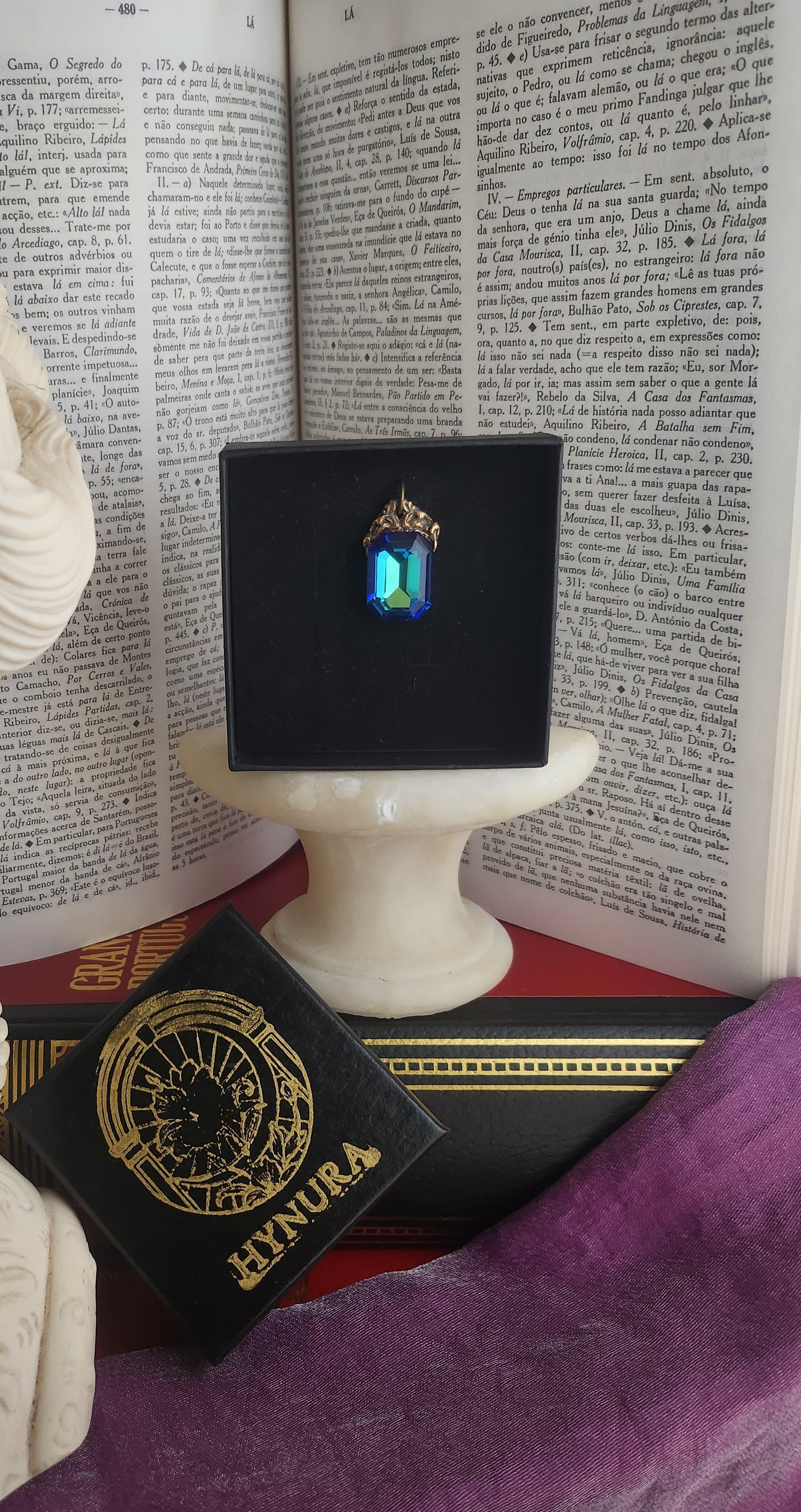 Arcane Resonance Collection – Handmade Bronze Pendant with Blue and Green Octagon Crystal