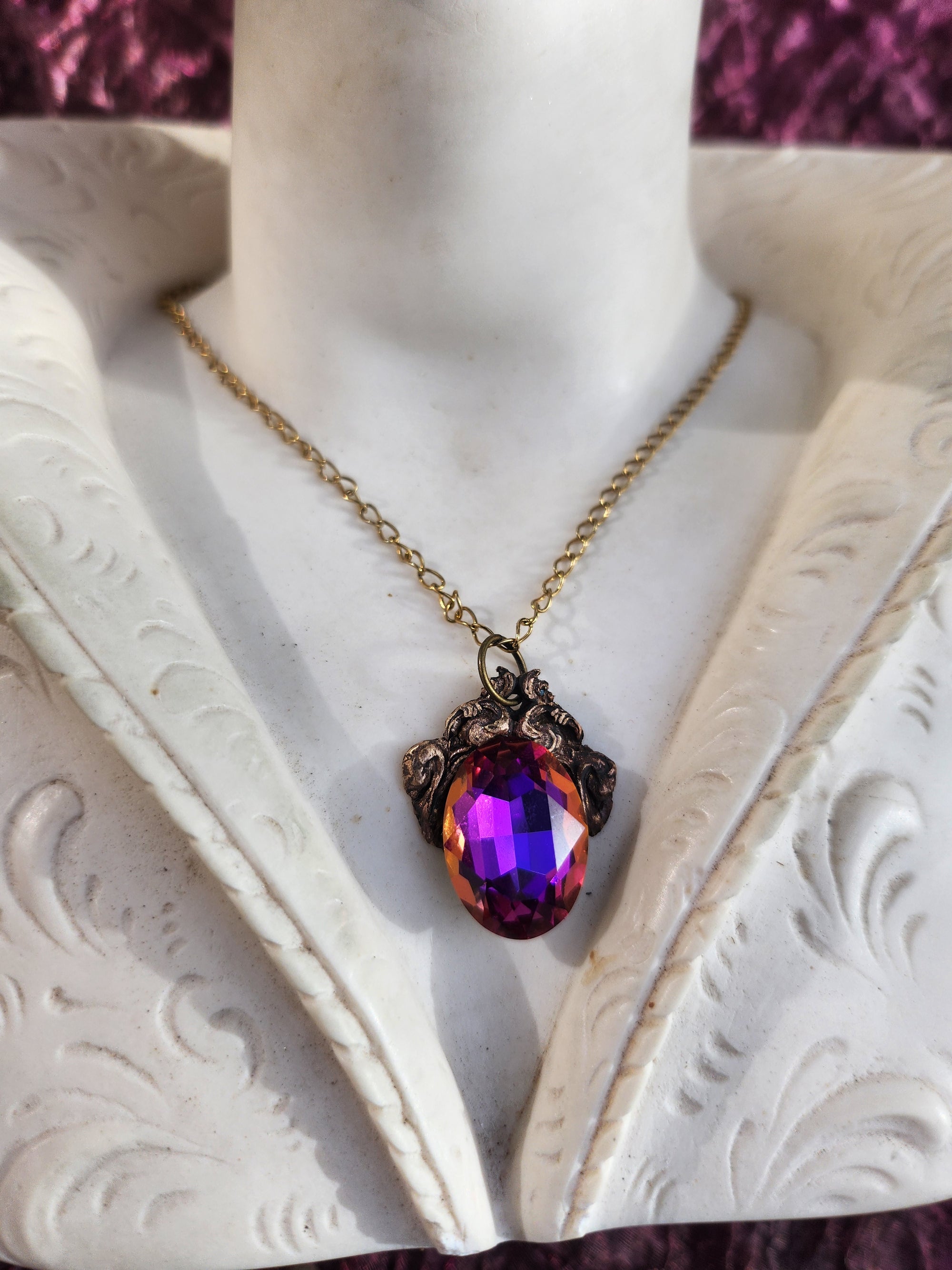 Handcrafted Bronze Pendant with Purple, Fuchsia and Amber Crystal – Medieval Vintage Jewelry
