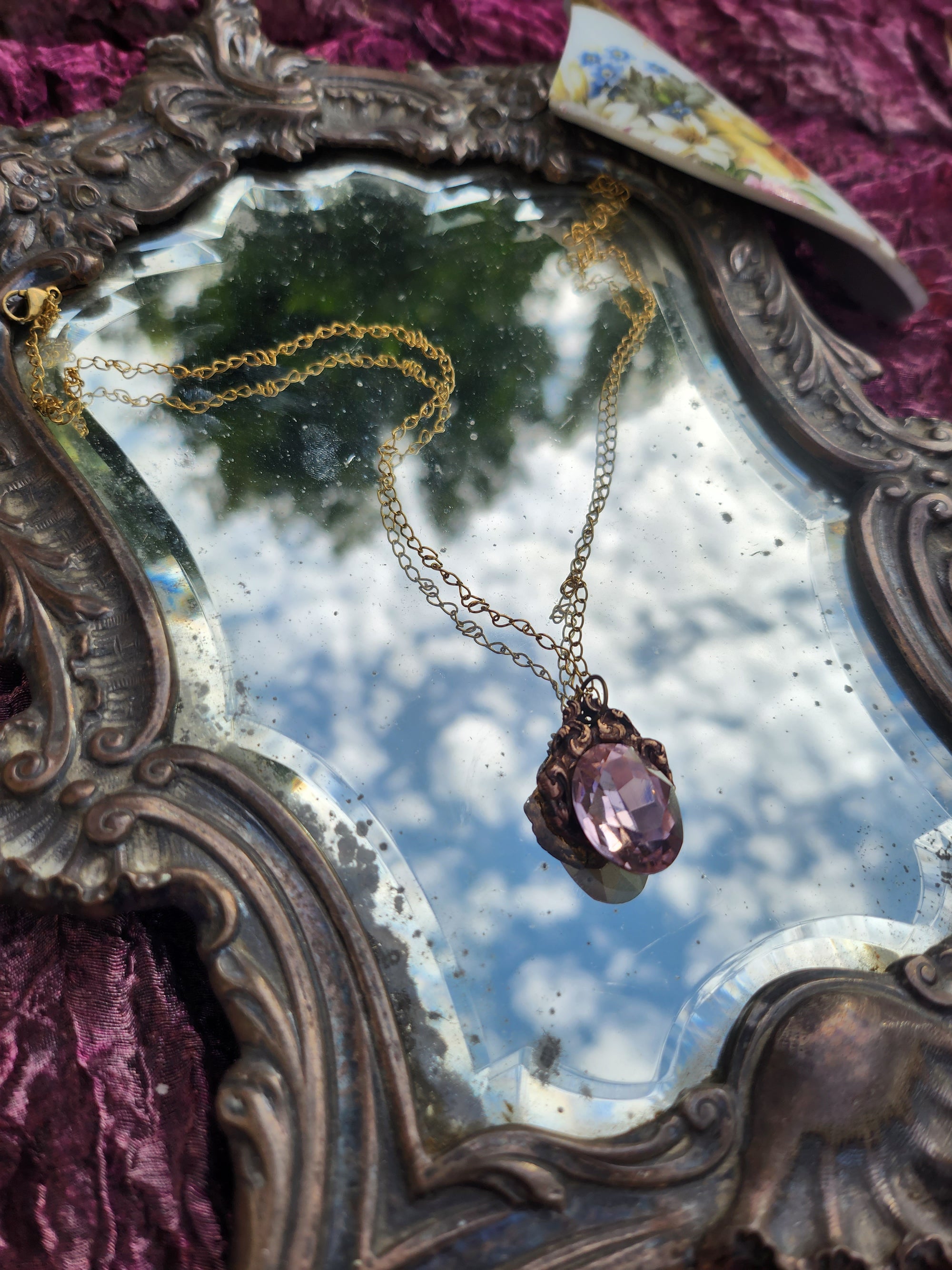 Handcrafted Bronze Pendant with Light Pink Crystal – Romantic Vintage Jewelry