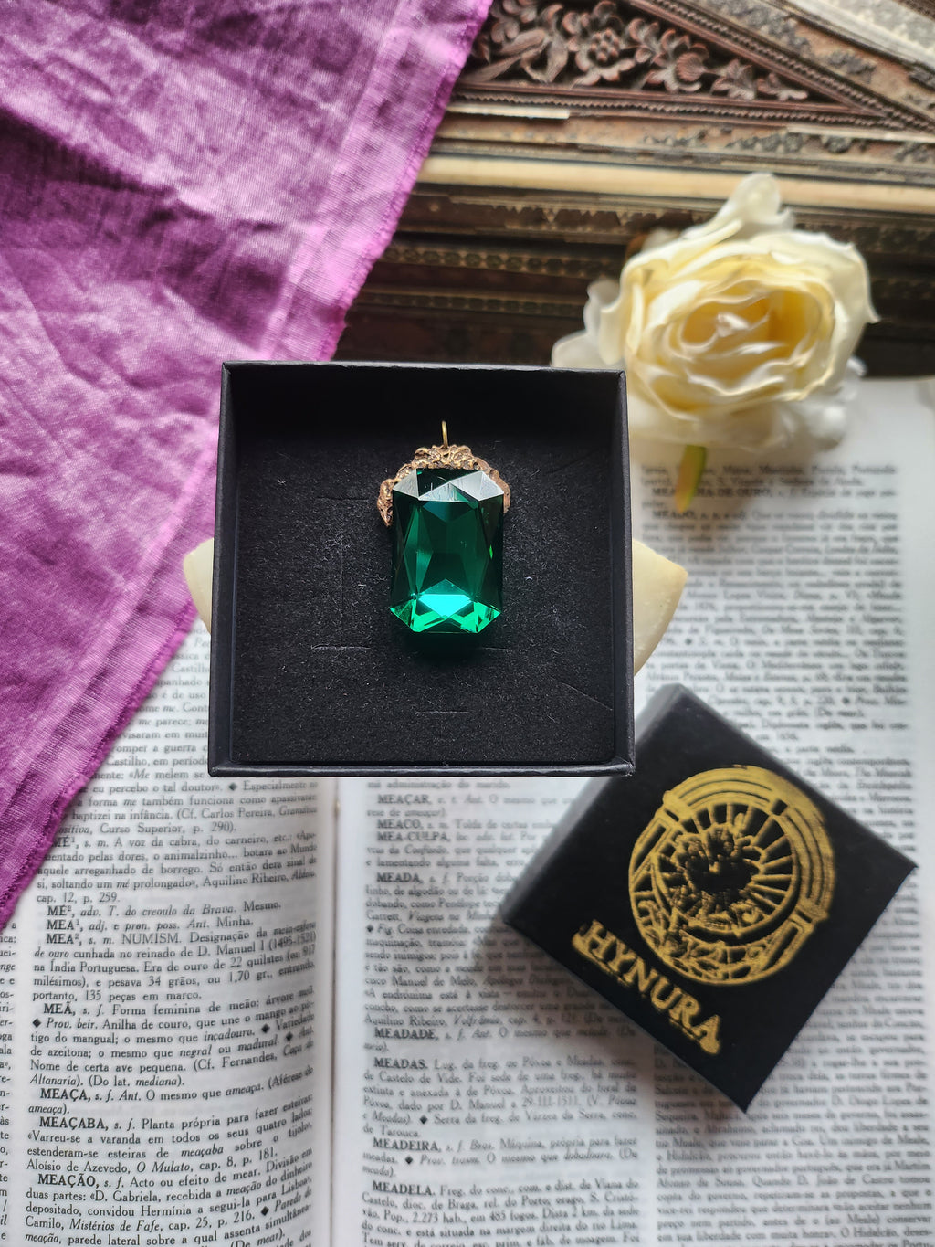 Mystic Baroque Collection – Handmade Bronze Pendant with Emerald Green Octagon Crystal