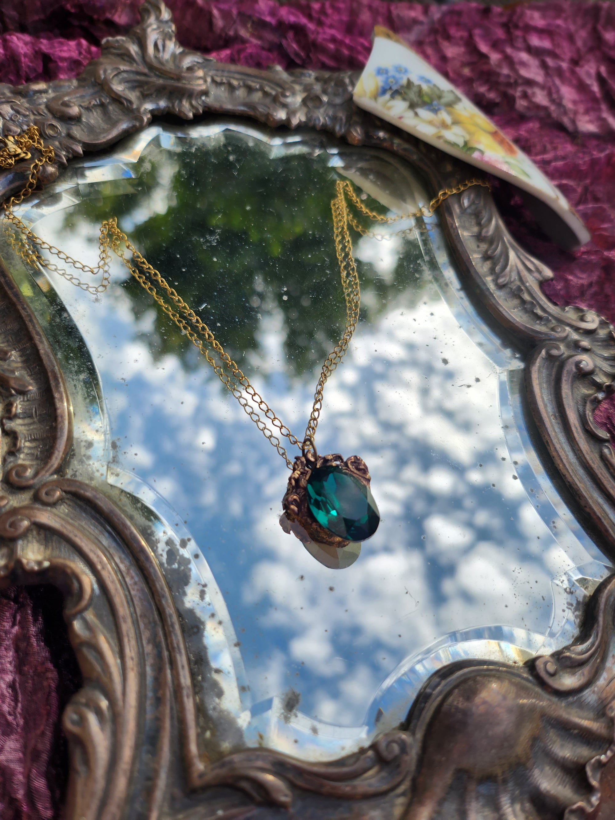 Handcrafted Bronze Pendant with Emerald Green Crystal – Renaissance Gothic Jewelry